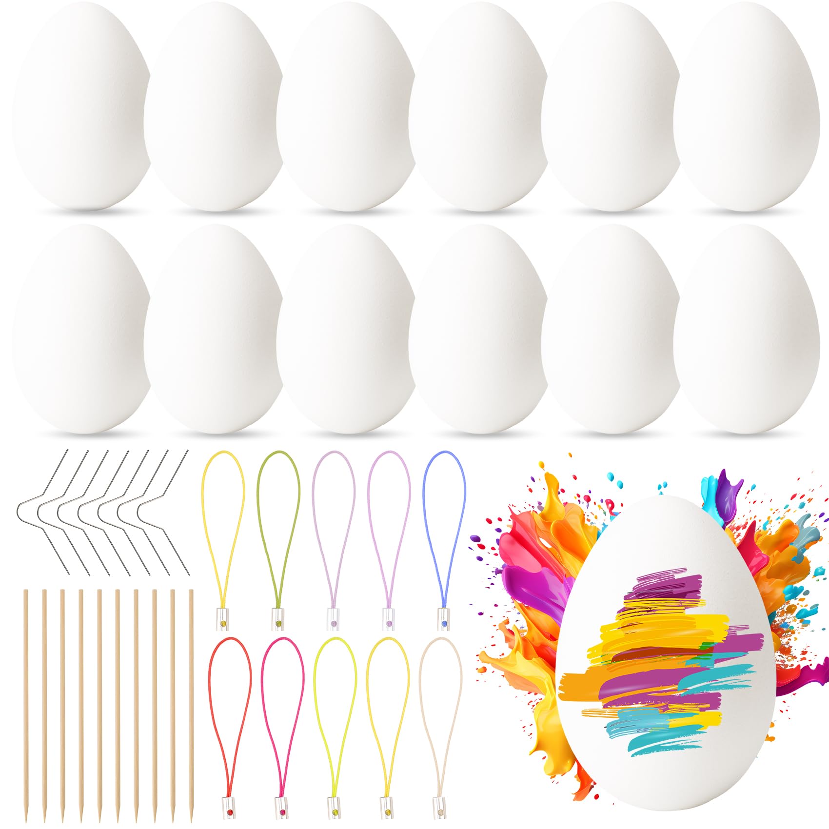 30 Deko-Eier Ostern, 6cm Kunststoff Ostereier zum Bemalen, 30 Aufhänger für Ostereier, Plastikeier Weiß, Eier zum Bemalen und Aufhängen, Osterhandwerk, Ostern Basteln für Dekoration und Geschenk