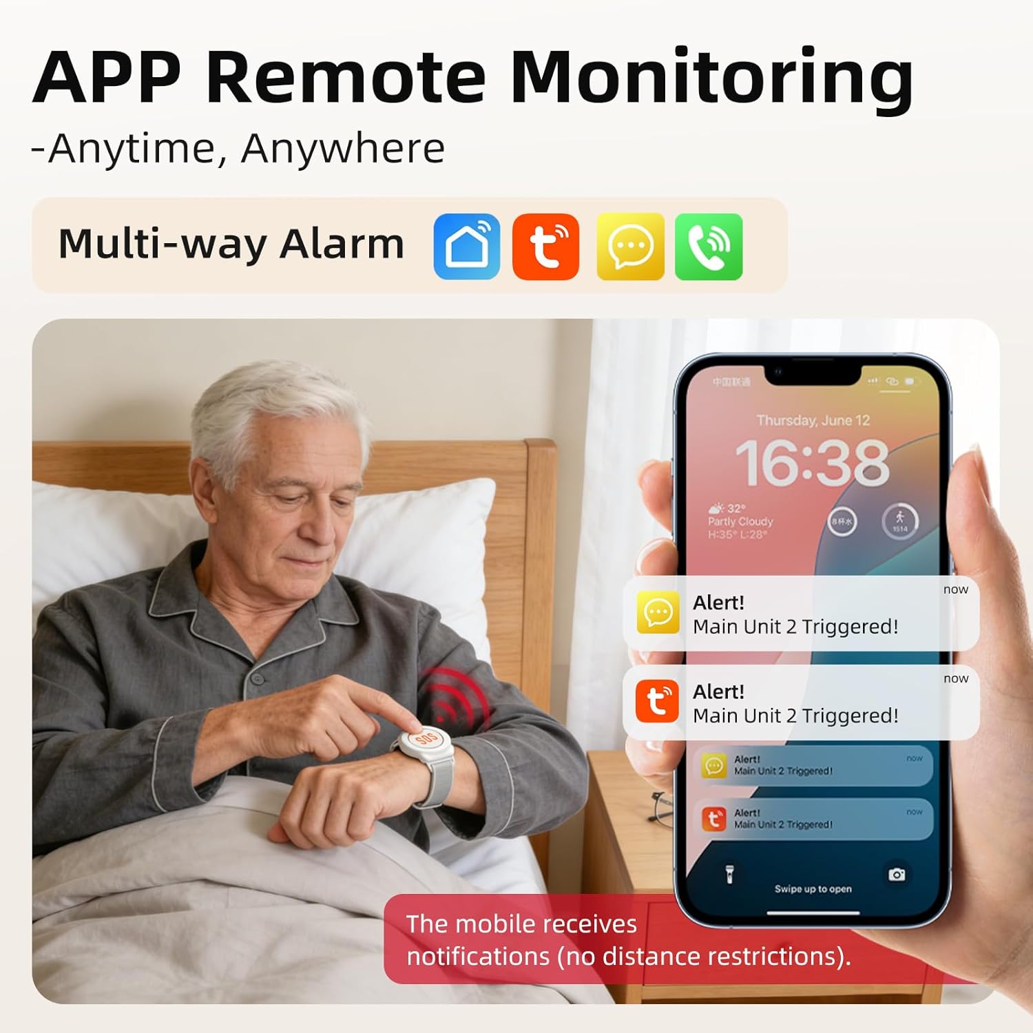 CallToU Wi-Fi Wireless Caregiver Pager Call Button for Elderly at Home, APP Emergency Alert Fall Help System for Seniors, Patients/Disabled Monitoring at Home - Image 2