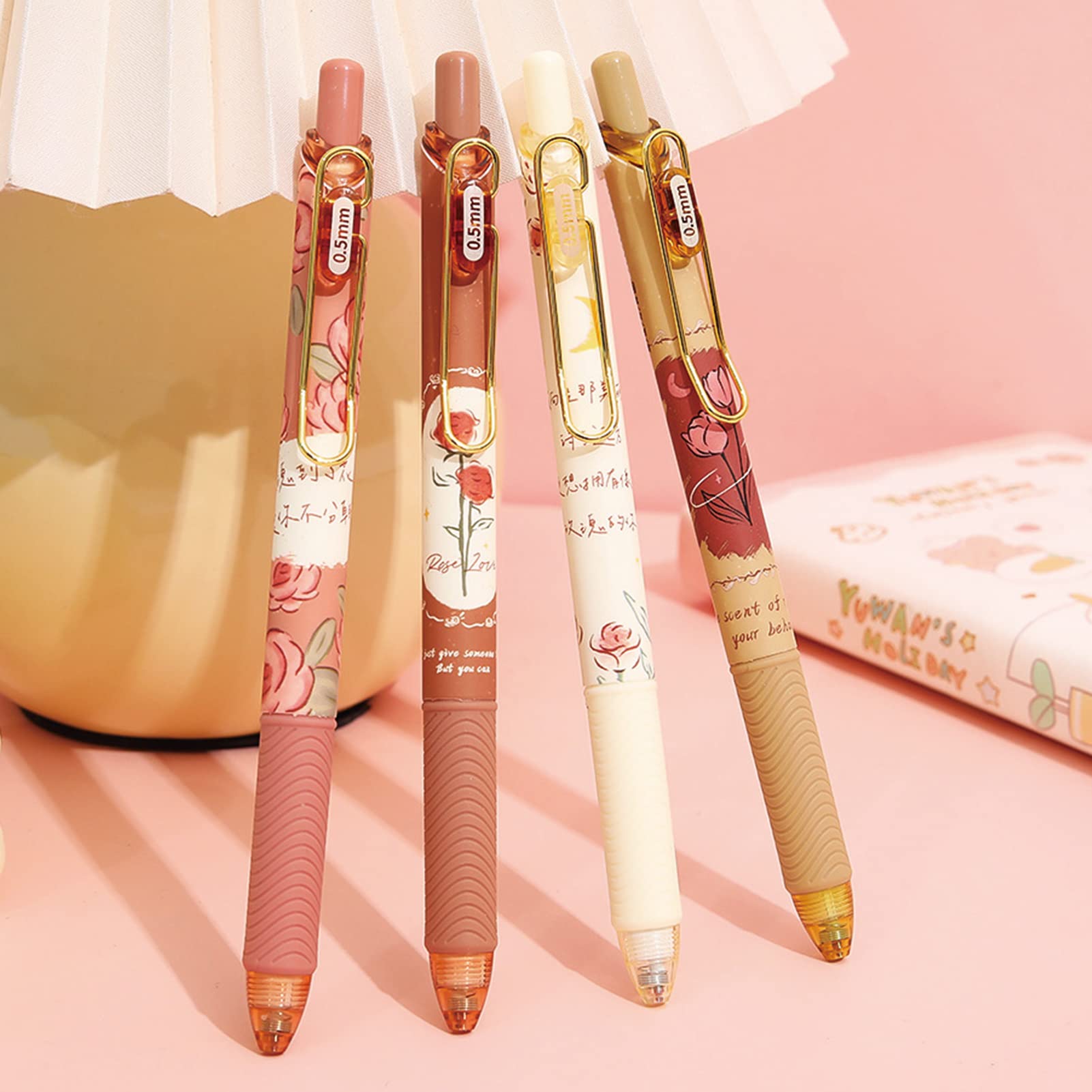 MOZXIRZ 4 bolígrafos de tinta de gel, bolígrafos retráctiles de flores de 0.5 mm, bolígrafos de gel de tinta negra para mujeres y niñas, bonitos bolígrafos estéticos, bolígrafos de oficina y escuela