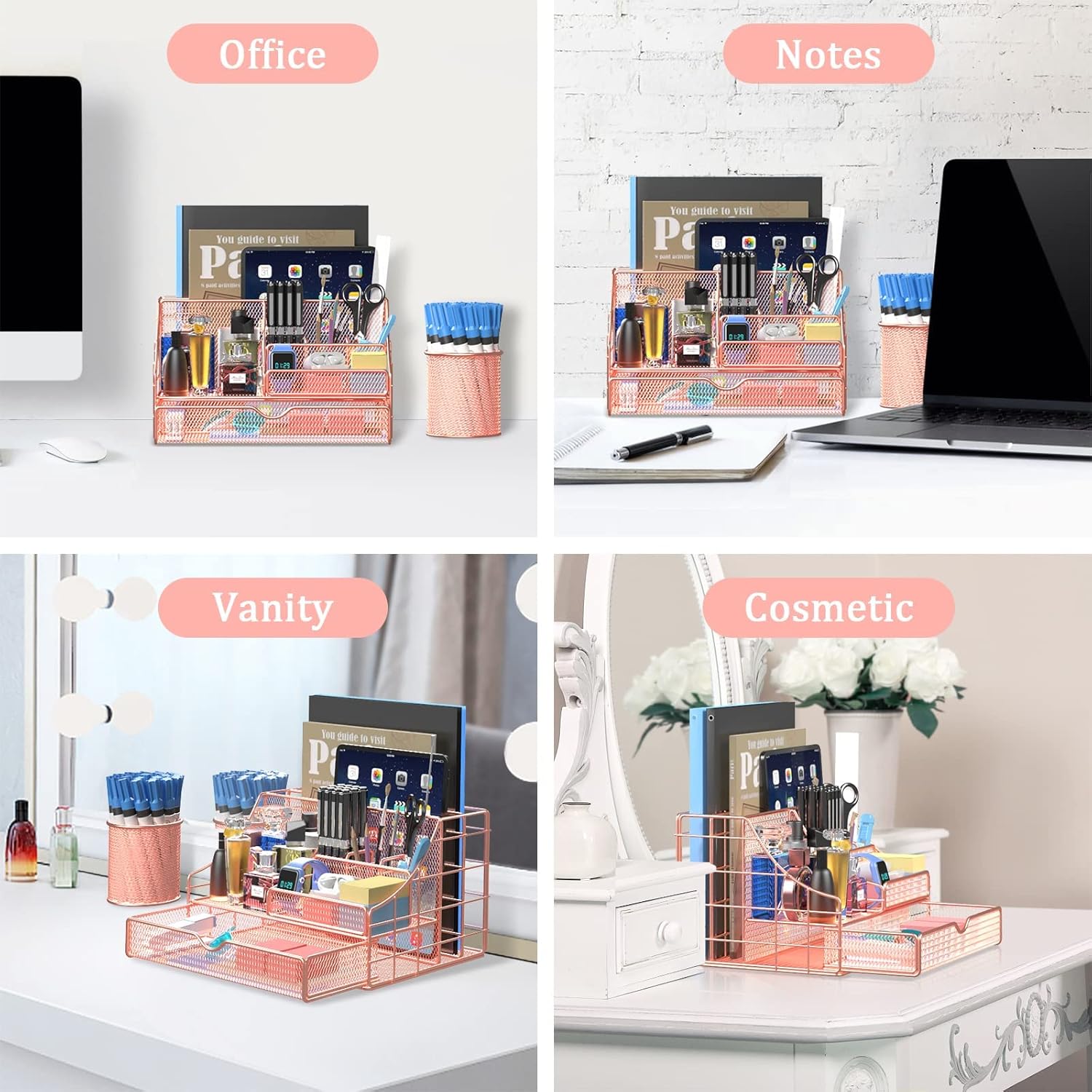 Rose Gold Desk Organizer and Accessories, Large Office Supplies Desk Organizer Caddy with Pen Holder, 7 Compartments + 72 Clips Set, Mesh Desktop Organizer with Drawer for Women, Office, School : Office Products