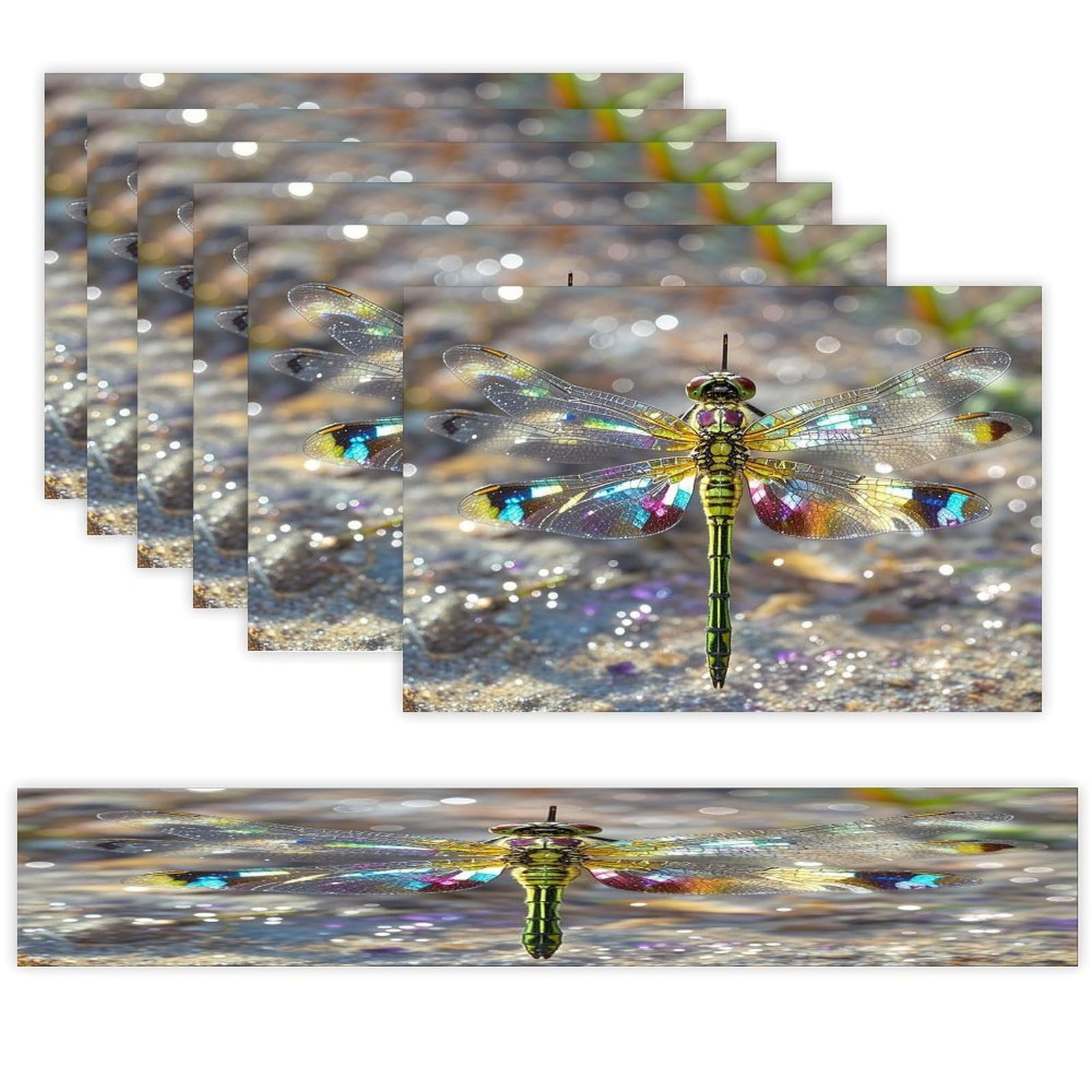 Jewel Dragonfly Table Runner and Placemats Set of 6 Wipe Clean Heat Resistant Table Mat with Table Runner Decorations Flax Linen Place Mat Set for Home Kitchen Party Supplies