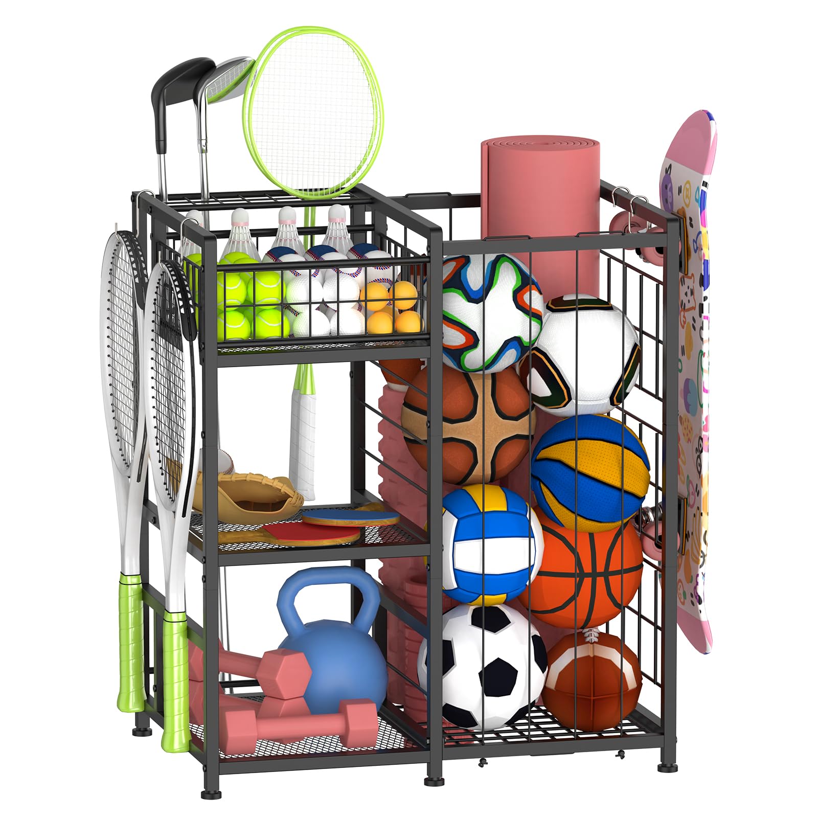 Nandae Soporte de Bolas de Metal, Estante Vertical para Bolas con Ganchos, Organizador de Equipos Deportivos para Habitaciones y Exteriores para Baloncesto, fútbol, Voleibol, Golf