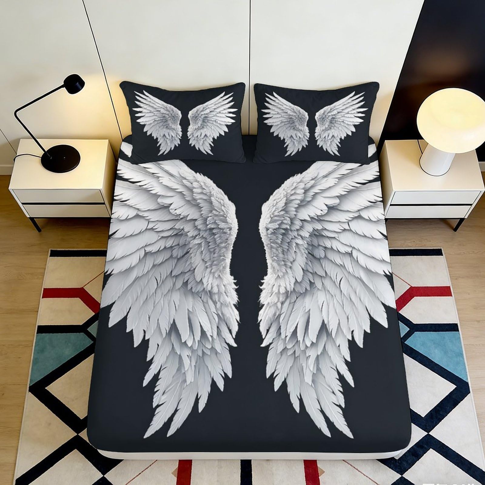 3D Printed Angel Wings Fitted Sheet Microfiber Black White Feather Bed Cover for Bedroom Guest Room Decor Mattress Protection 90x200x25cm