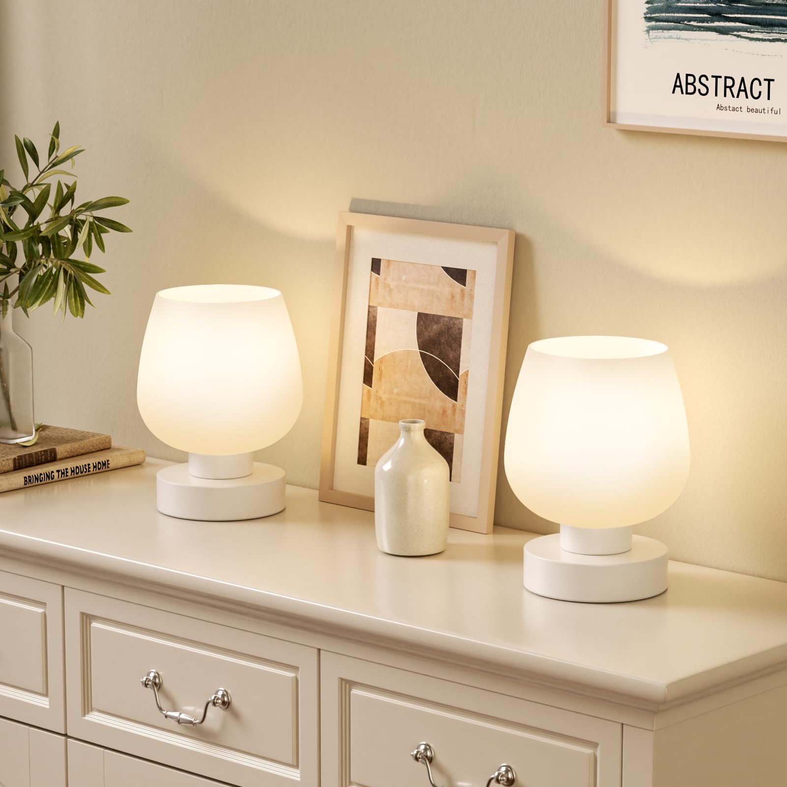 Touch Nachttischlampe 2er Set - Kleine Nachttischlampe für Schlafzimmer Wohnzimmer Nachttische, Schreibtischlampe mit weißem Glasschirm für kleine Räume, 3-Wege-Dimmbar, LED-Glühbirnen, Geschenke