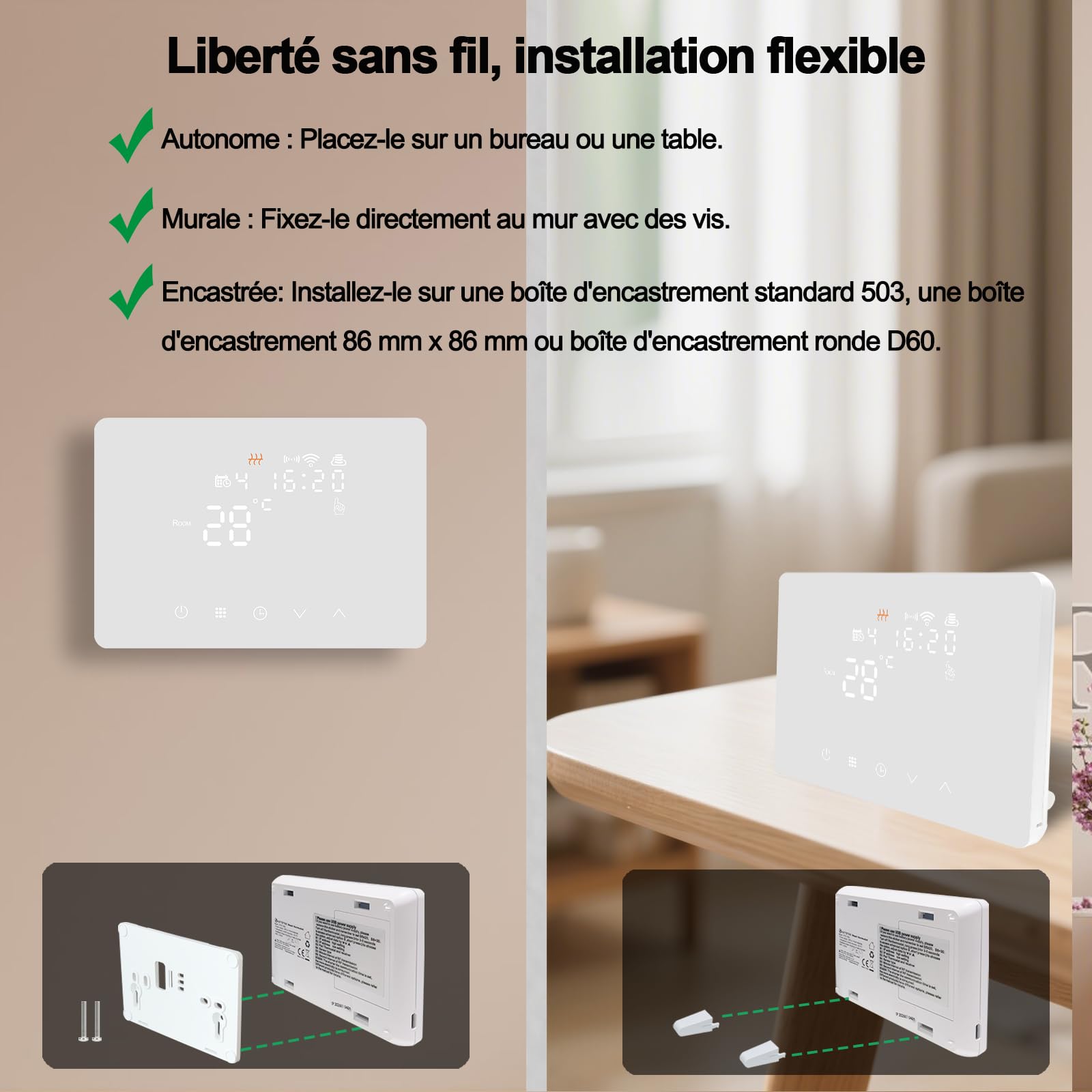 KETOTEK Thermostat sans Fil avec RF Récepteur WiFi pour Chaudiere Gaz/Chauffage au Sol à Eau 5A 220V, Intelligent Thermostat Kit pour Chaudiere Compatible avec Alexa, Contrôle de Tuya/Smart Life App