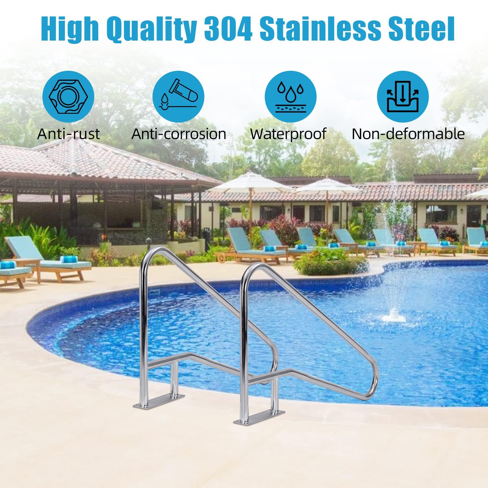 Garvee Barandilla antideslizante para piscina y baño - Acero inoxidable 304 duradero - Soporta 175 kg - Resistente a la corrosión, fácil de instalar - Seguridad y apoyo - Incluye accesorios - Tamaño