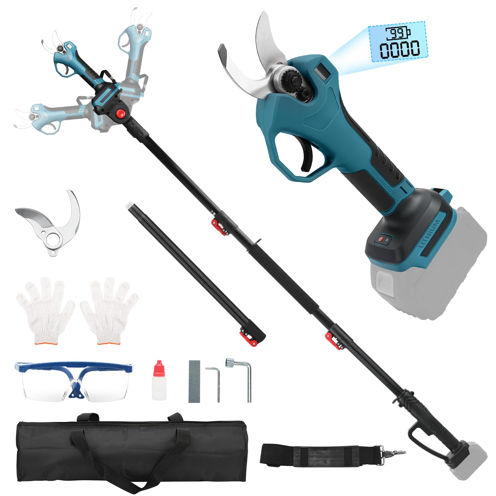 2 in1 Forbici Potatura a Batteria con Asta Telescopica for Makita 18V | Diametro Taglio 30mm, Motore Brushless, Schermo LCD, per Frutteti, Paesaggistica e Giardinaggio Professionale(senza batteria)