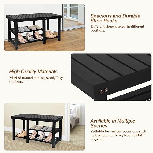 Miniatura 6 de Acehome Zapatero de 3 niveles con asiento banco de zapatos de 275 pulgadas con almacenamiento organizador de zapatos de madera estante de