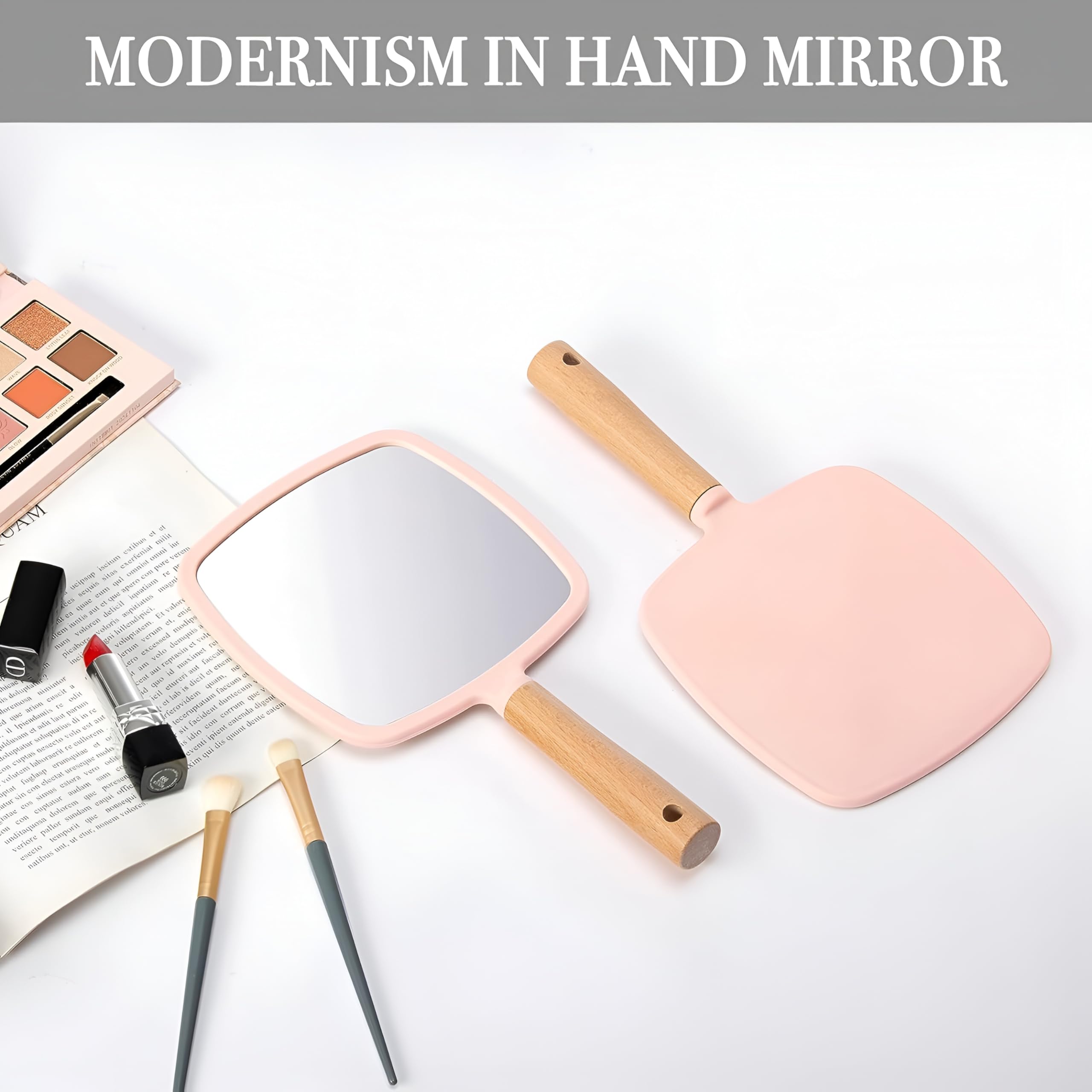 SVS ONLINE Wood Handle Mirror Square 25×13 cm | Portable HD Grooming & Makeup Mirror | Eco‑Friendly Plastic Frame | Travel & Shaving Handy Mirror (1, Square) 3