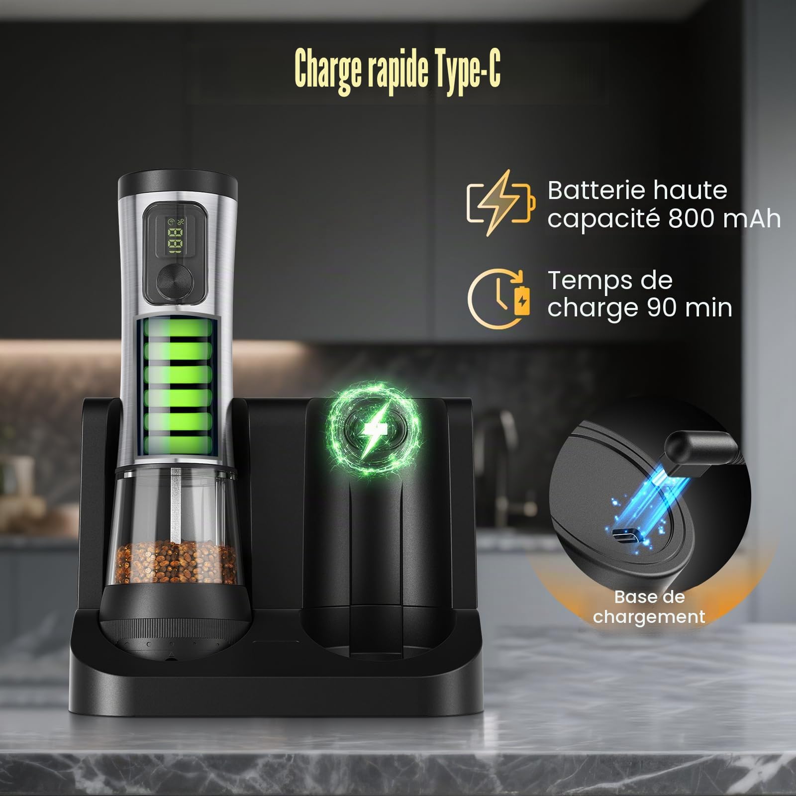 Moulin à Poivre Électrique Set,Écran de Batterie & Base Rechargeable,
