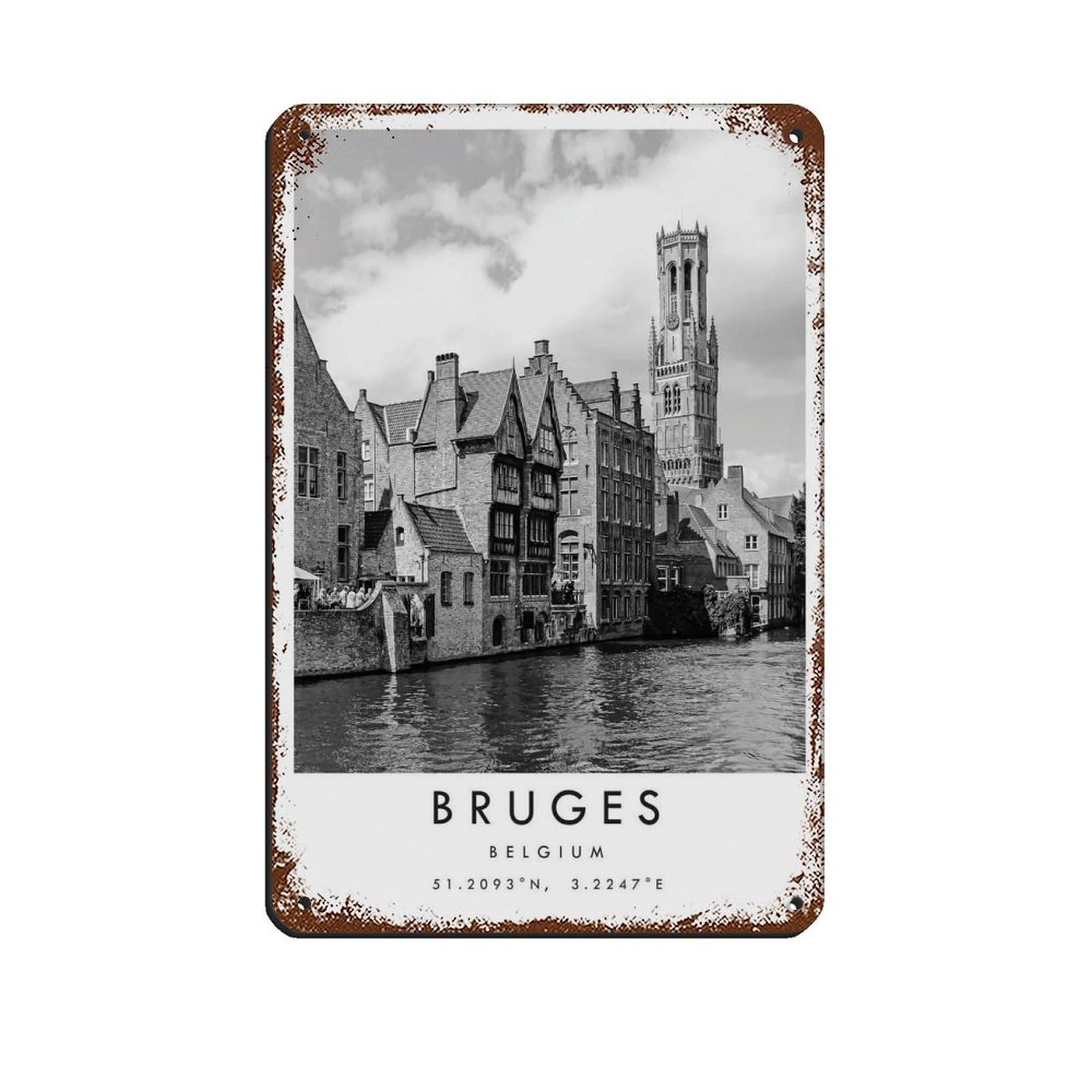 Bruges Travel, Bruges Poster Retro Poster Metal Tin Sign Chic Art Retro Iron Painting Bar People Cave Cafe Family Garage Poster Wall Decoration 8x12inch(20x30cm)