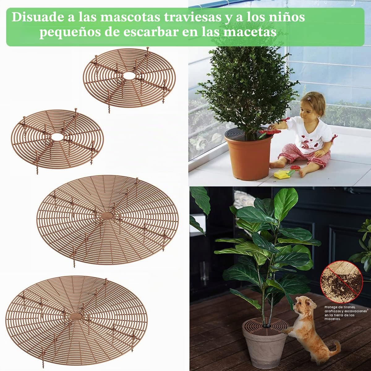 4 Piezas Protector de Macetas, 30cm y 52cm, Protección de Plantas para Bebé Gato Rejilla Protectora de Plantas con 40 Estacas Profundas Cortable Protege de Niños y Animales la Tierra en Macetas