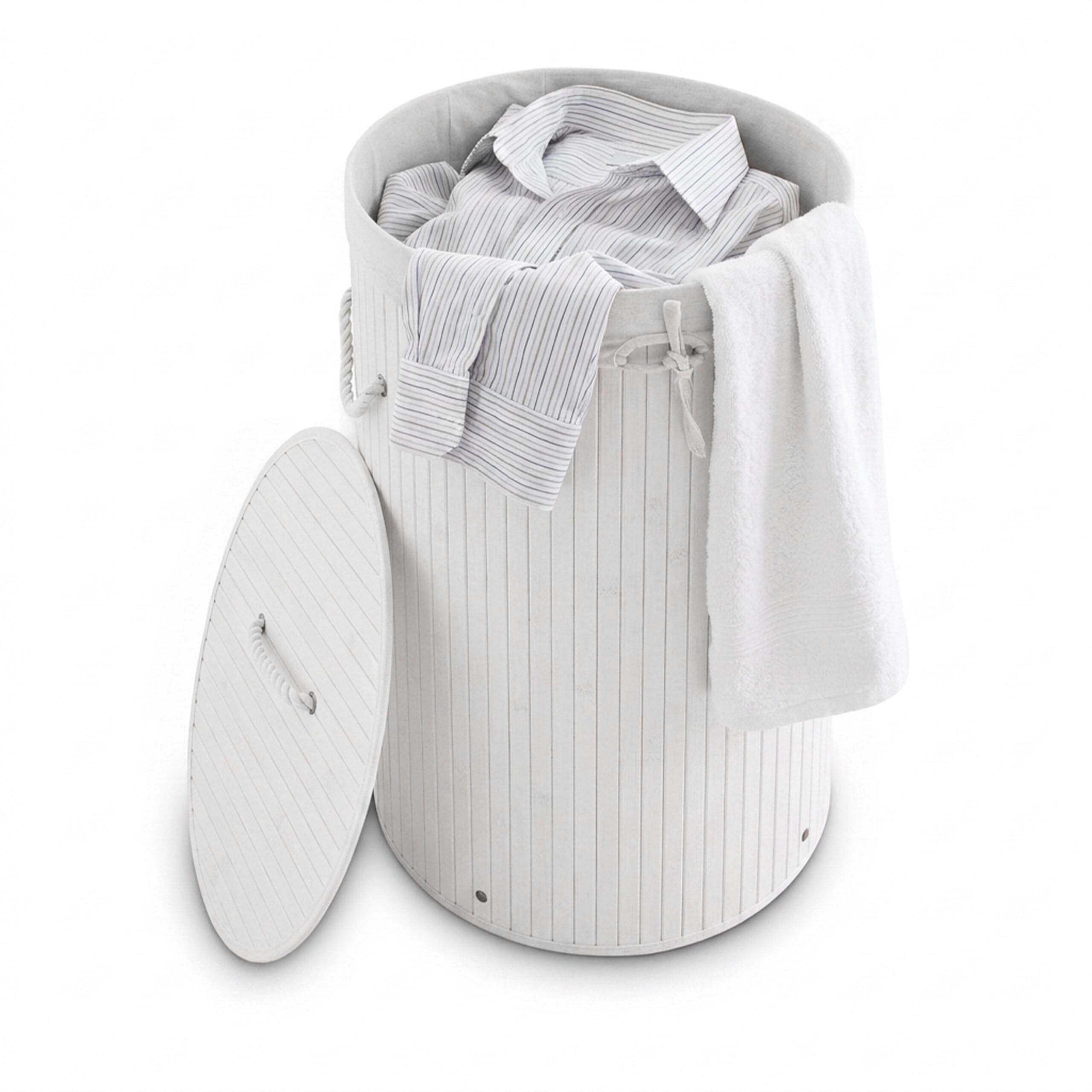 Relaxdays Wäschekorb Bambus, faltbare Wäschetonne mit Deckel, Volumen 70 l, Wäschesack Baumwolle, rund Ø 41 cm, weiß