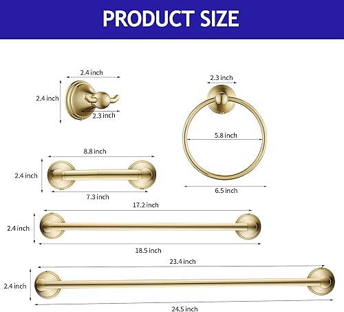Miniatura 5 de FOUTLQ Juego de accesorios de baño de oro cepillado, 5 piezas, juego de toallero de 24 pulgadas, acero inoxidable montado en la pared, juego de