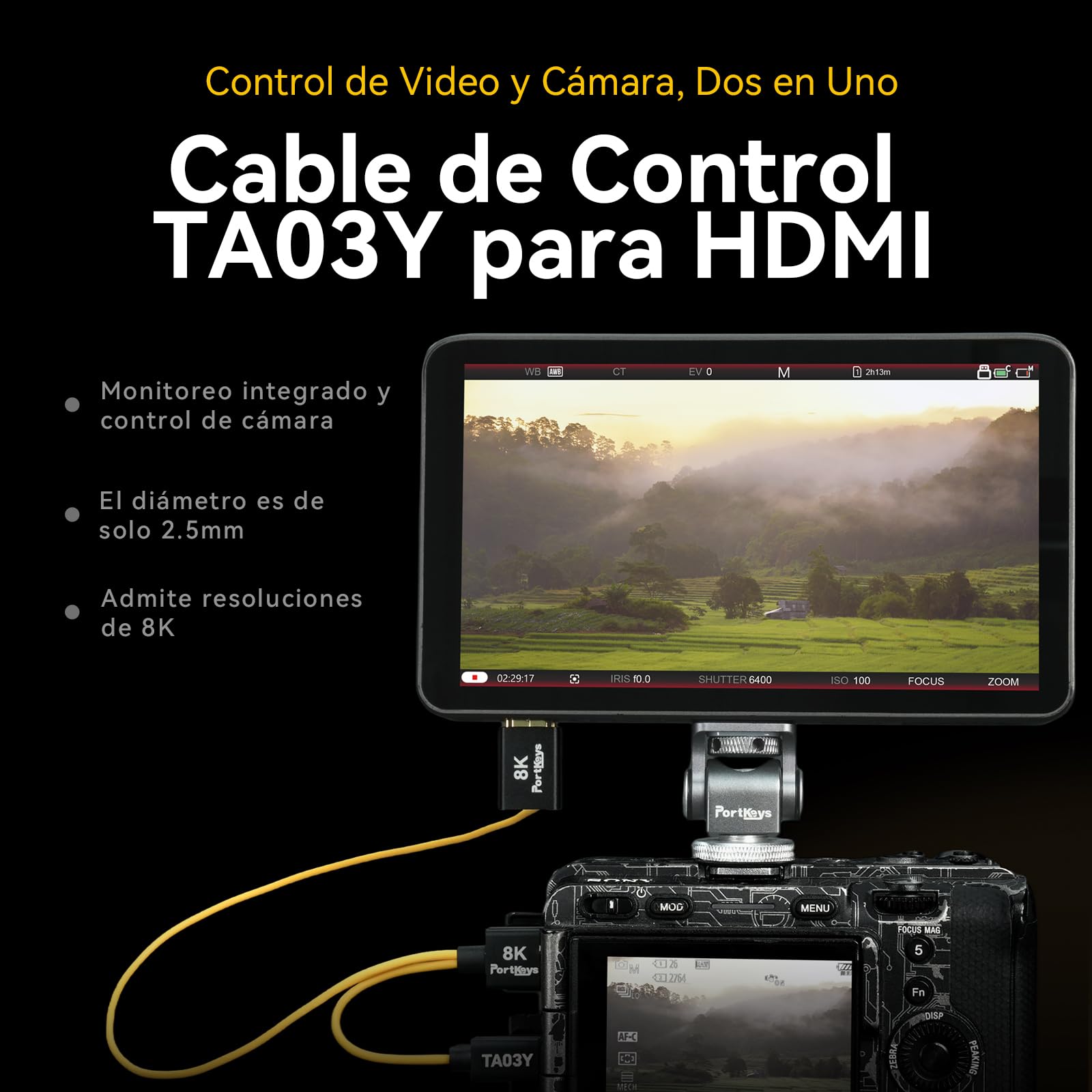 Portkeys LH7C Monitor Cámara 7" con Control de Cámara, Monitor de Campo HDMI 4K Touch Focus 1000 Nits Salida 3D LUT Incluye Cable HDMI, Compatible con A7S III, FX3, A7 IV, A1