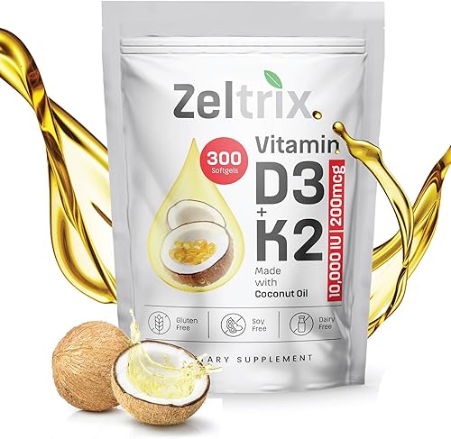 Vitamina D3 K2 10000 UI con MK-7 200 mcg - 300 cápsulas blandas - Suplemento D3 K2 de alta potencia con aceite de coco - Apoya la salud de los