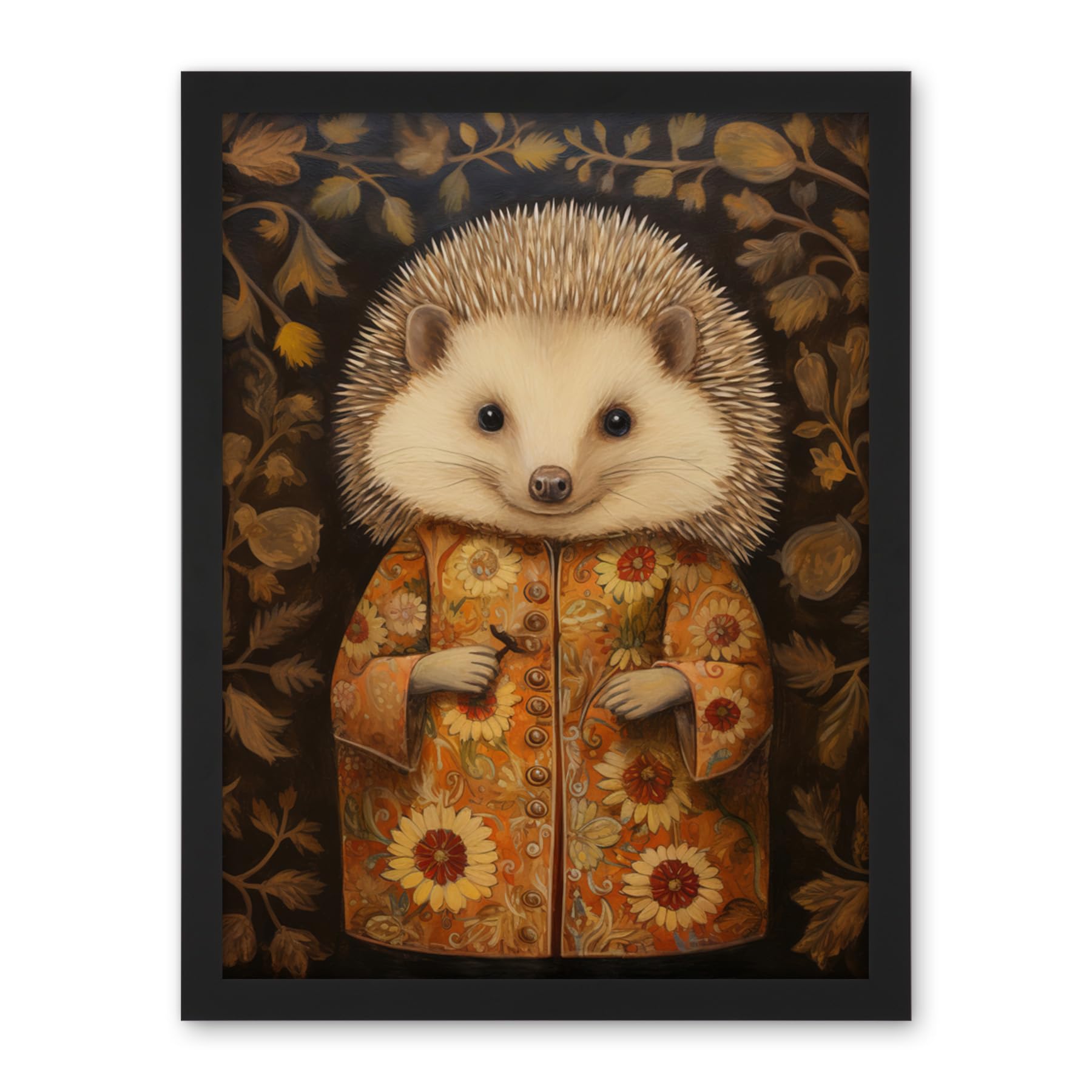 Artery8 Autumn Hedgehog in Sunflower Robe Modern Artwork Framed Wall Art Print 18X24 Inch