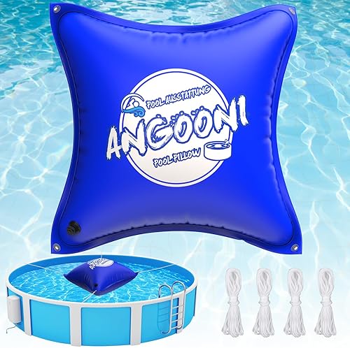 Almohada de piscina resistente de 4 x 4 pies con cuerdas de 4 x 20 pies, almohadas de PVC de 0.016 in de grosor para invierno con válvula de inflado