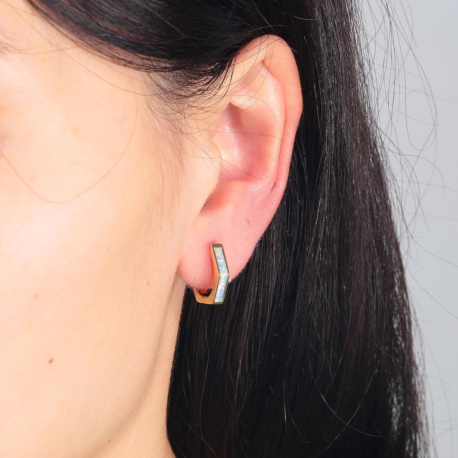 Opal Hoop Earrings for Women Hexagon Huggie Earrings 14K White/Yellow Gold Plated Hypoallergenic Small Huggie Hoop Earrings for Women Girls Jewelry Gifts - Image 6
