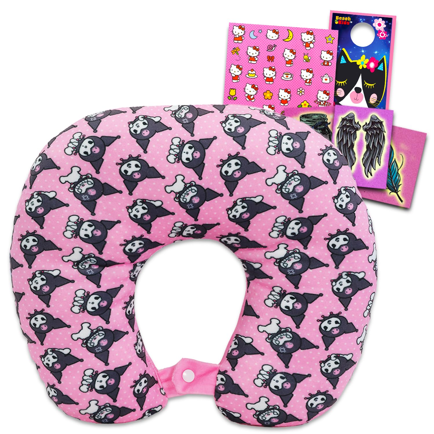 My Melody & Kuromi – Cuscino Cervicale Da Viaggio Per Bambine Con Set Accessori (Tatuaggi, Adesivi, 33 Cm)
