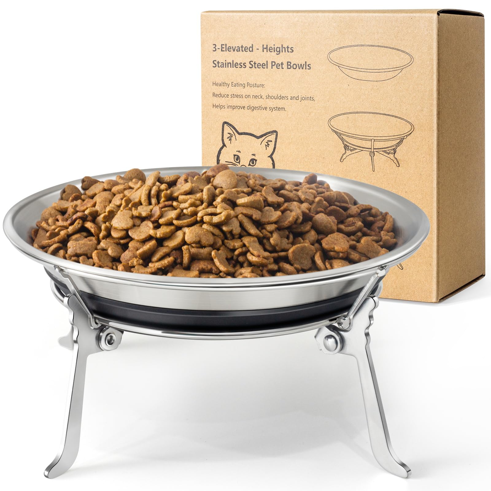 Elevated-Cat-Bowls, 3 Height Adjustable Raised Cat Bowl Stand, 7.5” Raised Cat Bowl Whisker Fatigue Cat Plates Stainless Steel Cat-Dish (10oz Bowl + Stand)