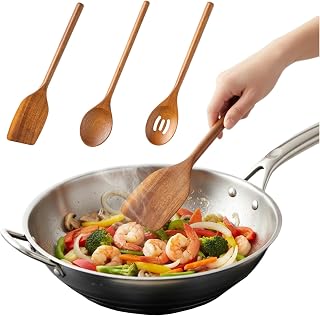 3 Piece Set Wooden Spoons for Cooking, consisting of drainage level, spatula and spoon, wooden spoon for non-stick pans and cookware, scratch-free, heat resistant, comfortable grip