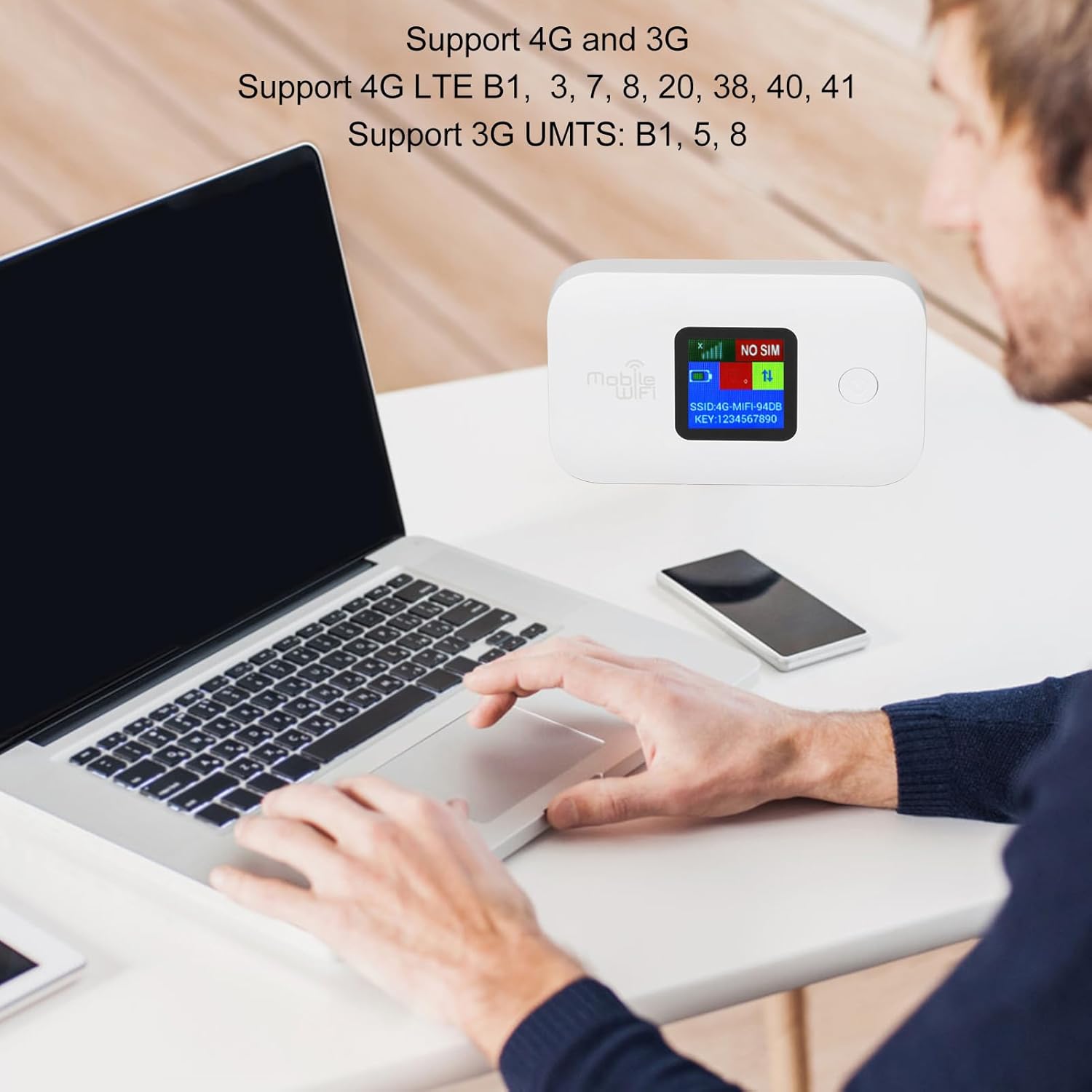 Elprico 4G Portable WiFi Hotspot connected to a laptop, displaying 'Support 4G and 3G' and supported bands.