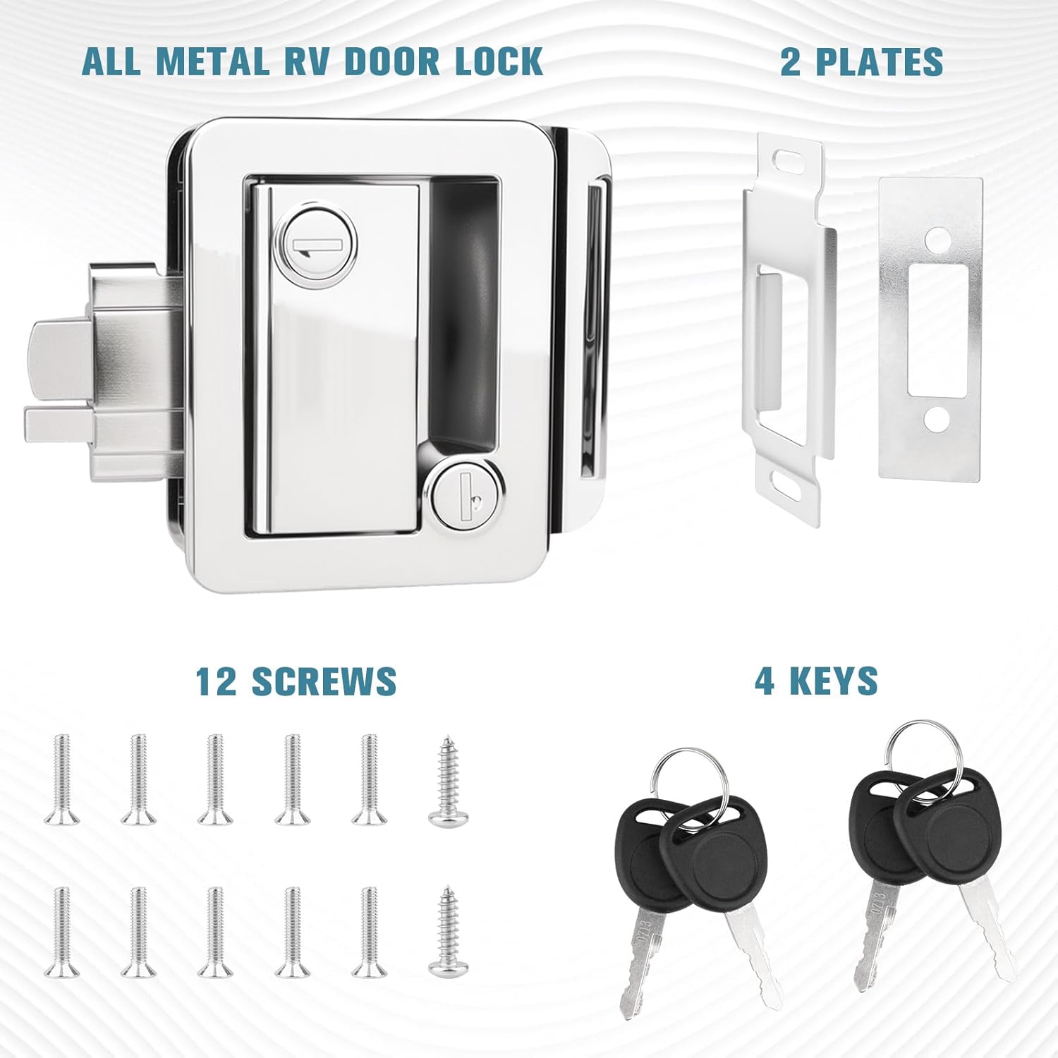 Chrome RV Door Lock - Heavy Duty Zinc Alloy Camper Lock Replacement with 4 Keys, Weatherproof Design for Travel Trailers Horse Cargos Vans Motorhomes