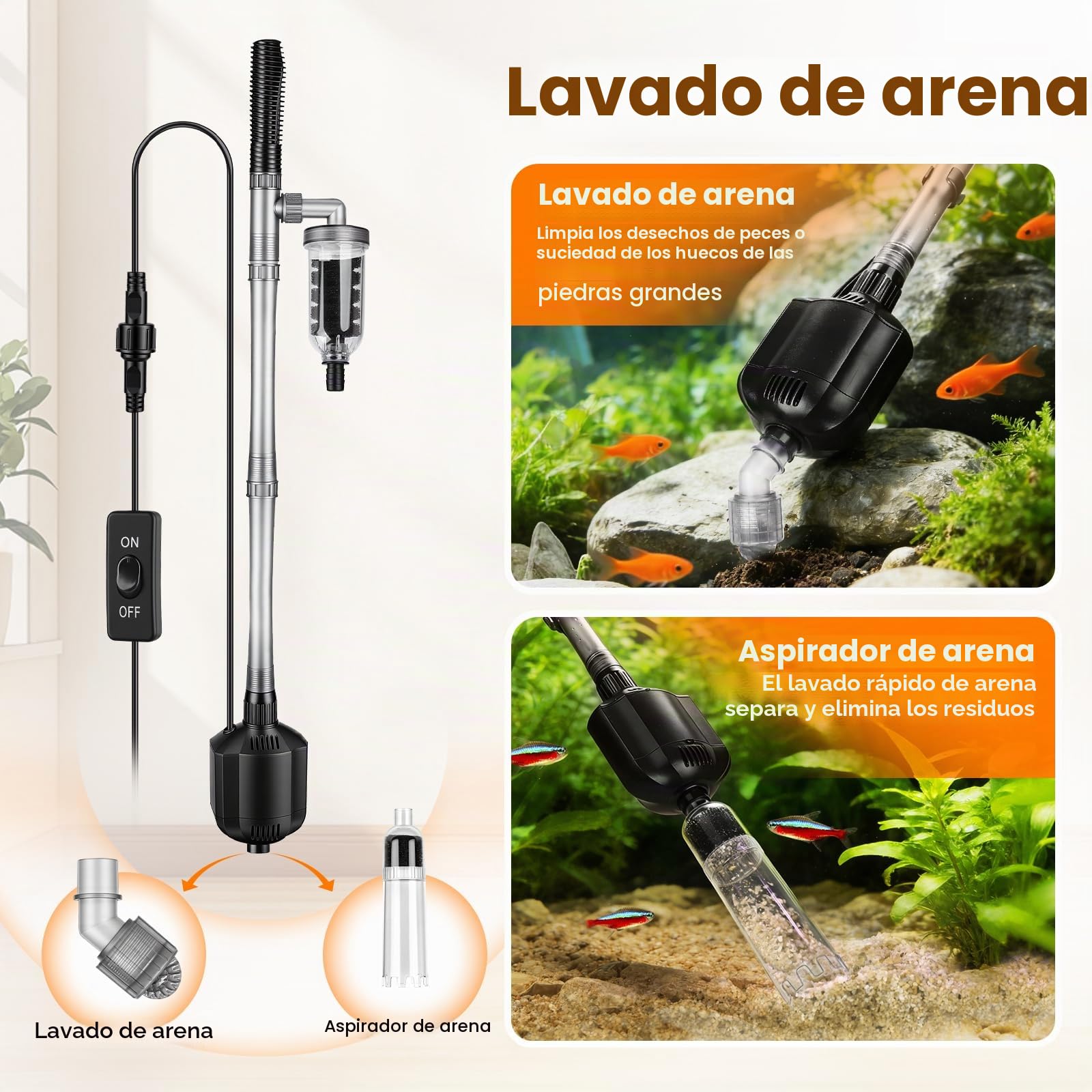Hygger 1350 LPH Limpiador de Grava para Acuarios, 15W Electrico Sifonador Acuario Kit con Longitud Ajustable, Multifuncional Aspirador para Acuario Sifón para Cambio de Agua y Lavado de Arena