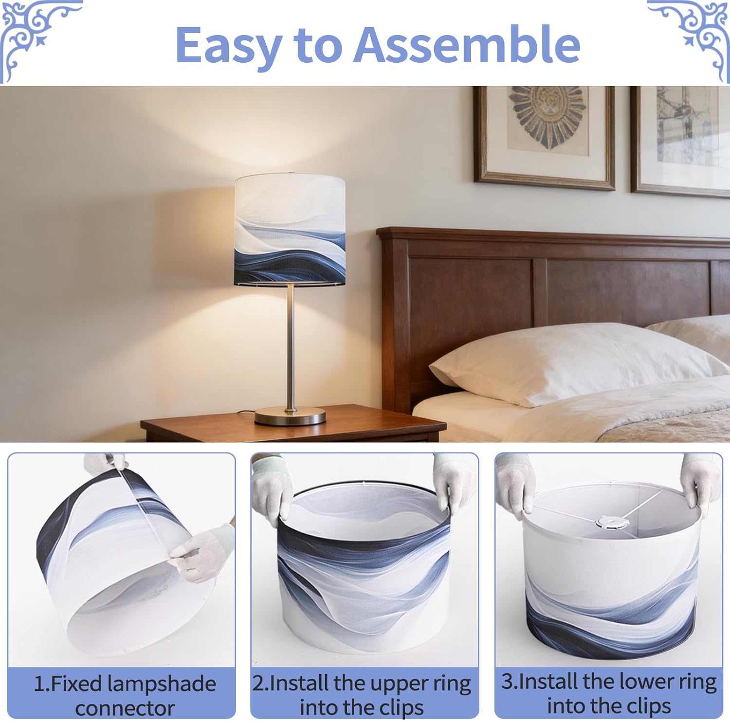 Haultop Lamp Shades set of 2 Small, 8.7x8.7x7.9in Fabric Blue Lamp Shade, Lampshades for Table Lamp with Waves and Oceans, Support Spider and E26/E14 Base,Drum lamp shades