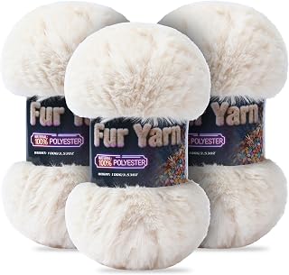Faux Fur Yarn Soft Fluffy for Crocheting - 3 Skeins(Each 3.5oz/100g, 71yd/65m) - Chunky & Fluffy Yarn for Crochet Amigurumi, Blankets, Hand Knitting, Scarves &Crafts (3, Beige)