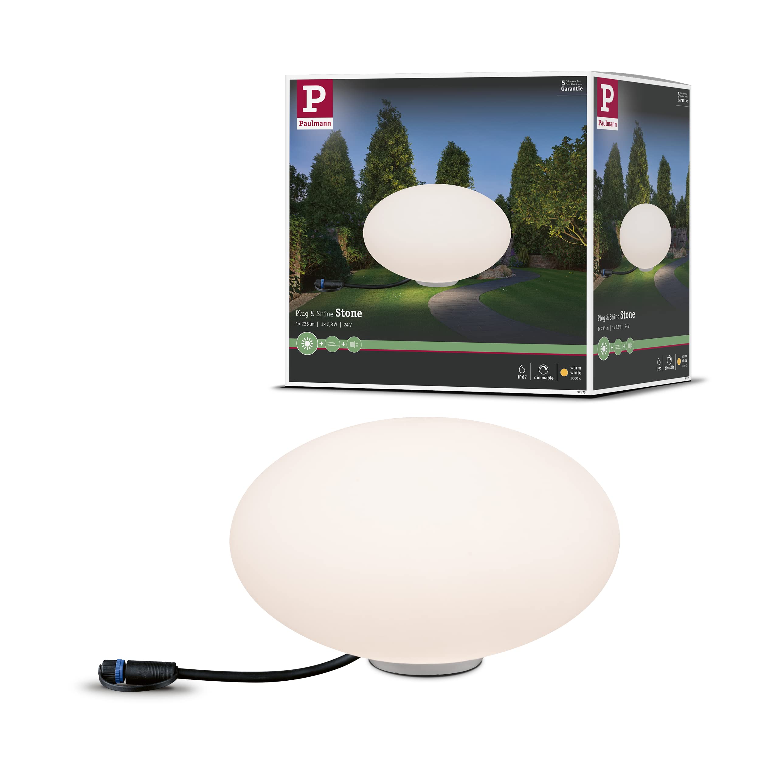 Paulmann 94175 Outdoor Plug & Shine Light Object Stone IP67 3000K 235lm 24V, 2.8 W, White