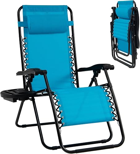 Goplus Zero Gravity - Silla reclinable, plegable y ajustable con almohada y soporte para tazas para el patio, la piscina, el campamento y exteriores