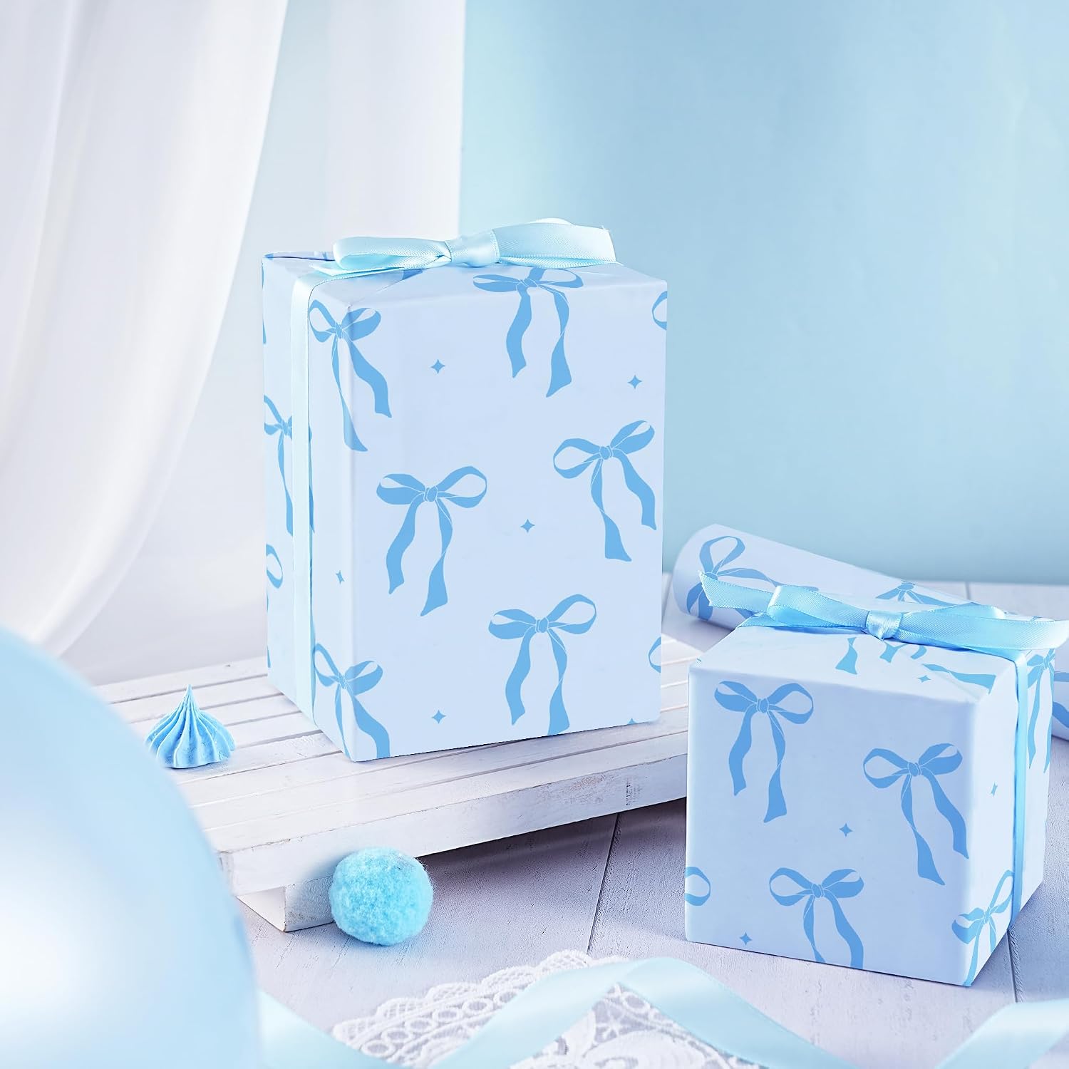 WRAPAHOLIC Blue Bow Wrapping Paper Roll - Mini Roll - 17 Inch x 16.5 Feet - Blue Ribbon Bow Wrapping Paper Perfect for Baby Shower, Girls Birthday, Wedding