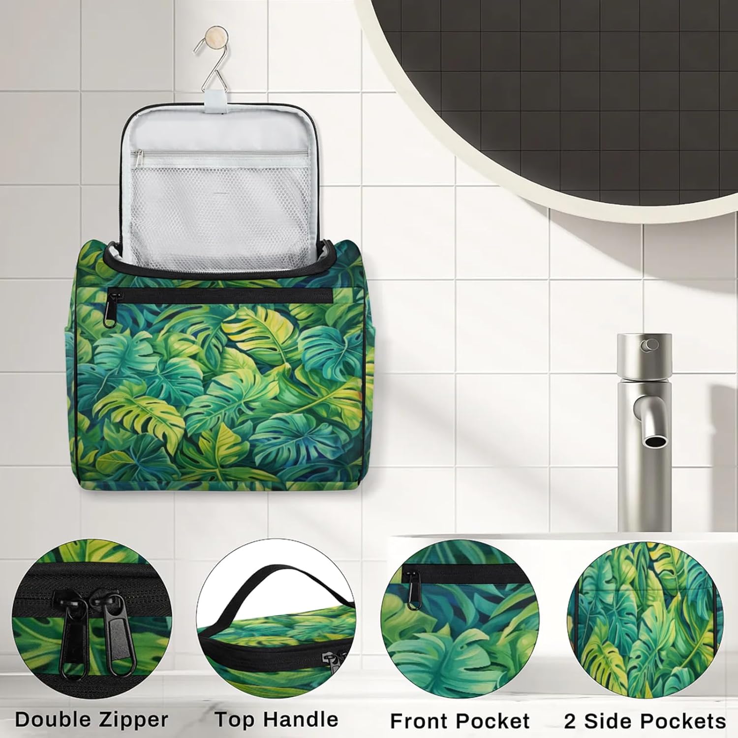 cfpolar Toiletry Bag for Women, Tropical Leaves Hanging Travel Toiletry Bag, Water-resistant Cosmetic Makeup Organizer for Toiletries and Cosmetics, Bathroom Shower Bag with Handle and Hook