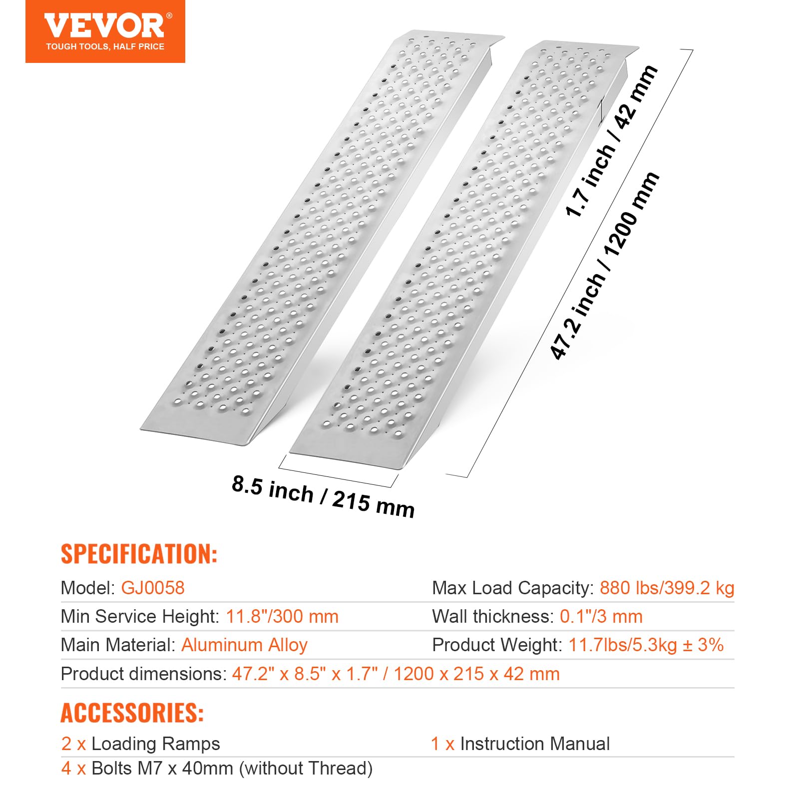 VEVOR Rampa di accesso, Rampa di carico, Rampa per auto 680 kg, Binario di carico, Rampa di carico per auto 2160 x 1375 mm, Rampe 2 pezzi per moto, rimorchio, ATV, UTV, trattore da giardino, Tosaerba