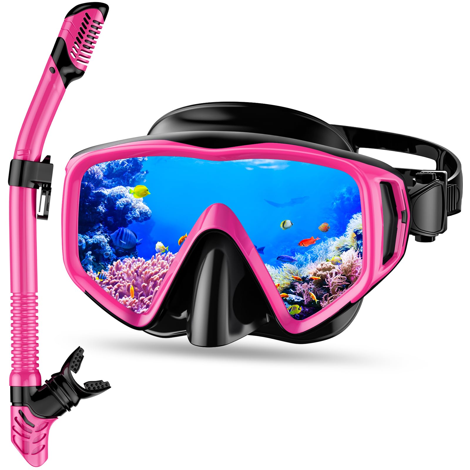 WISHBETY Juego de esnórquel para adultos, con gafas de buceo y tubo seco para hombre y mujer, antifugas y antivaho, máscara de buceo de vidrio templado para buceo, esnórquel y natación