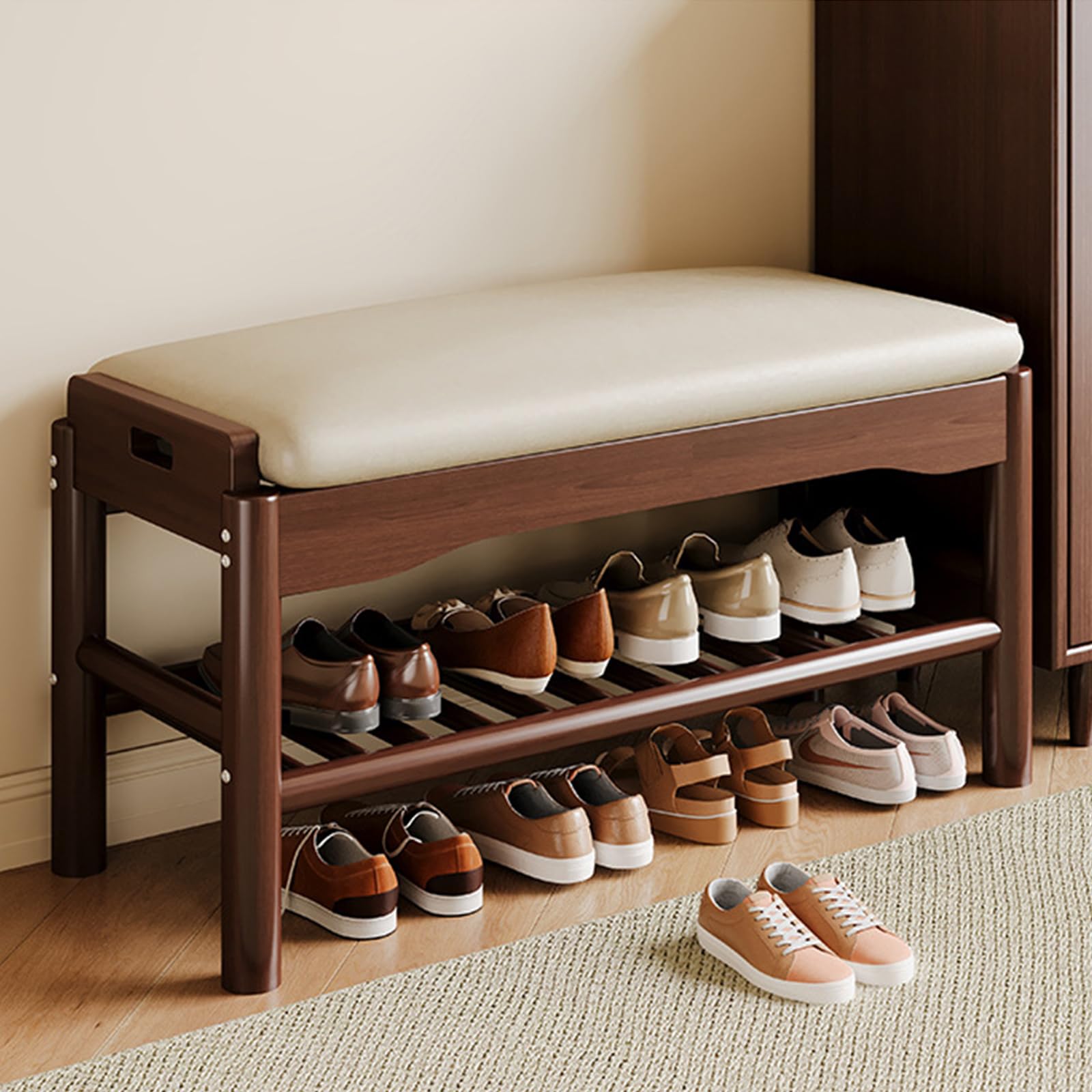 Banc d'entrée rembourré meuble rangement chaussures noyer 80 cm pour petit appartement