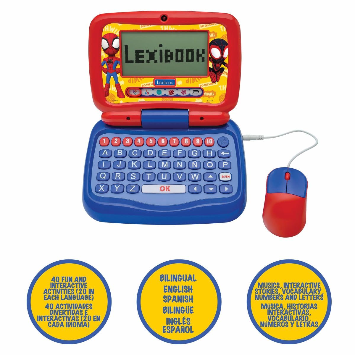 Lexibook, Laptop Educativo Bilingue Speaker Spidey, 40 Attività, Inglese e Spagnolo, 6 Categorie di Apprendimento, Racconti Animati, Metodo di Lettura, Blu/Rosso, JC398SPi2LXB