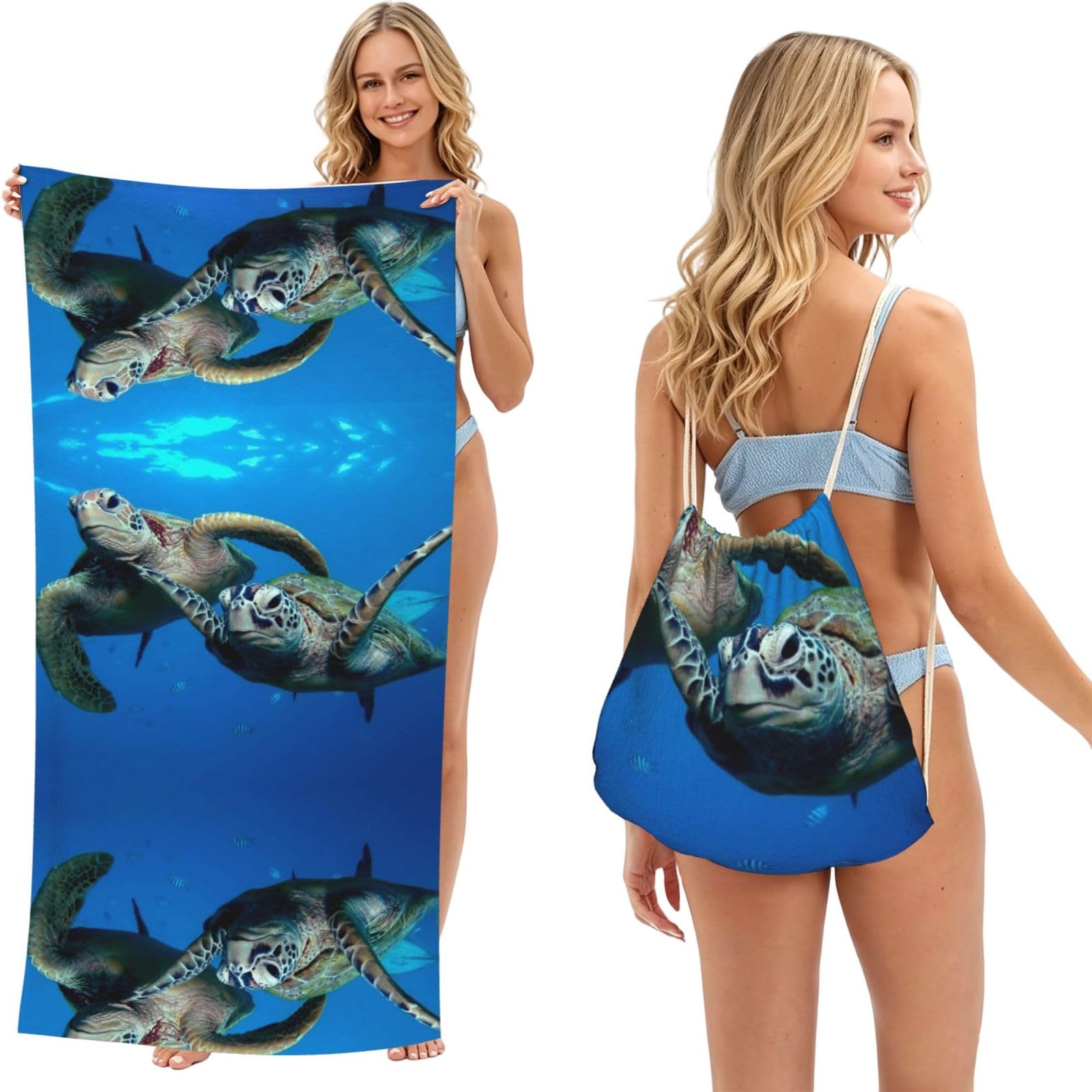 Ezdlowvba Black Two Submarine Turtles Under The Sea Print Beach Towel Backpack 2 In 1 Summer Large Lightweight Beach Towel - Multifunctional Ship Pattern Towel Bag For Storage,Sport