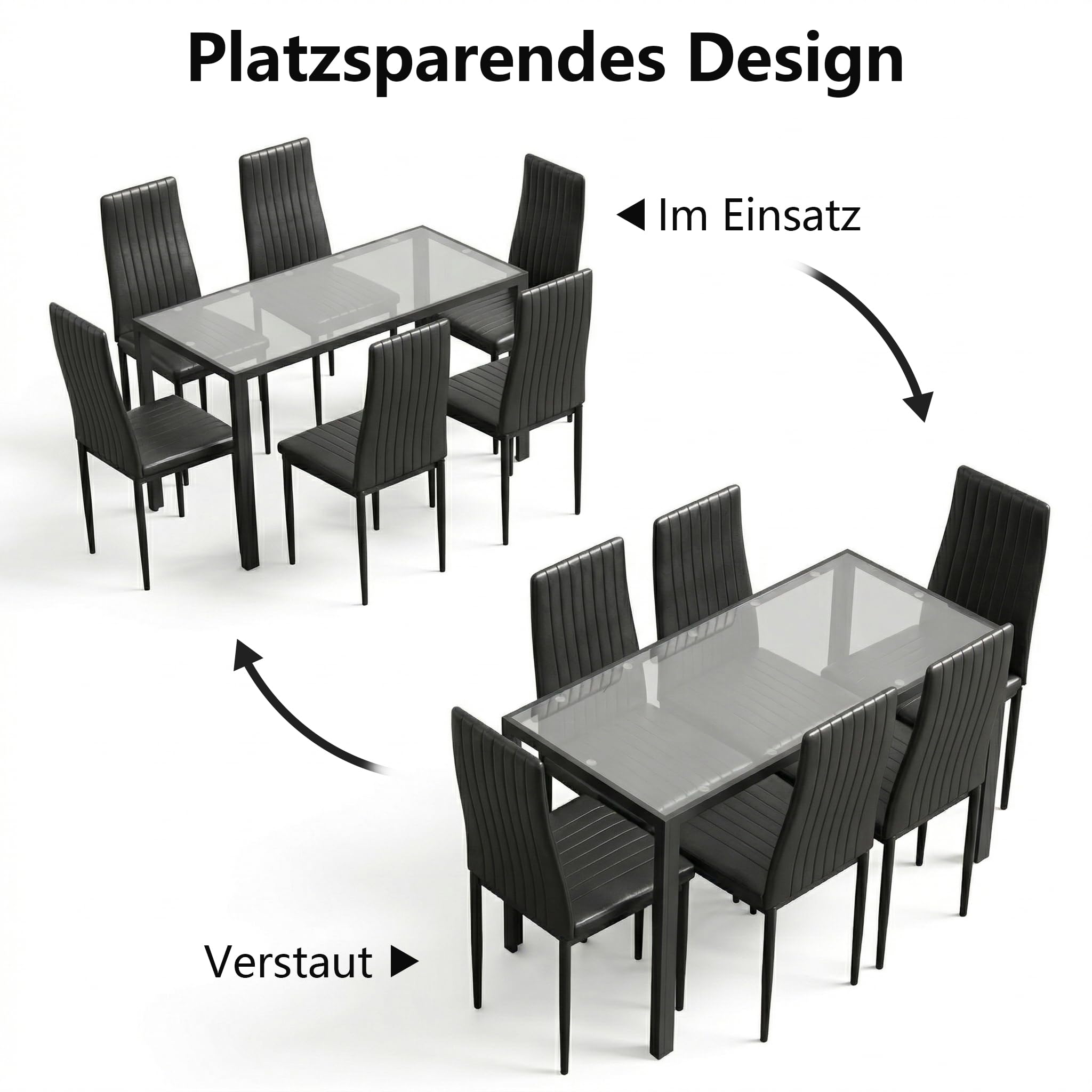 Essgruppe Set Tisch und Stühle, Esstisch mit 6 Stühlen Esszimmergruppe, Strapazierfähiges Kunstleder, Tischplatte aus Sicherheitsglas,Sitzgruppe für Küche Esszimmer Wohnzimmer(120*75*60cm )
