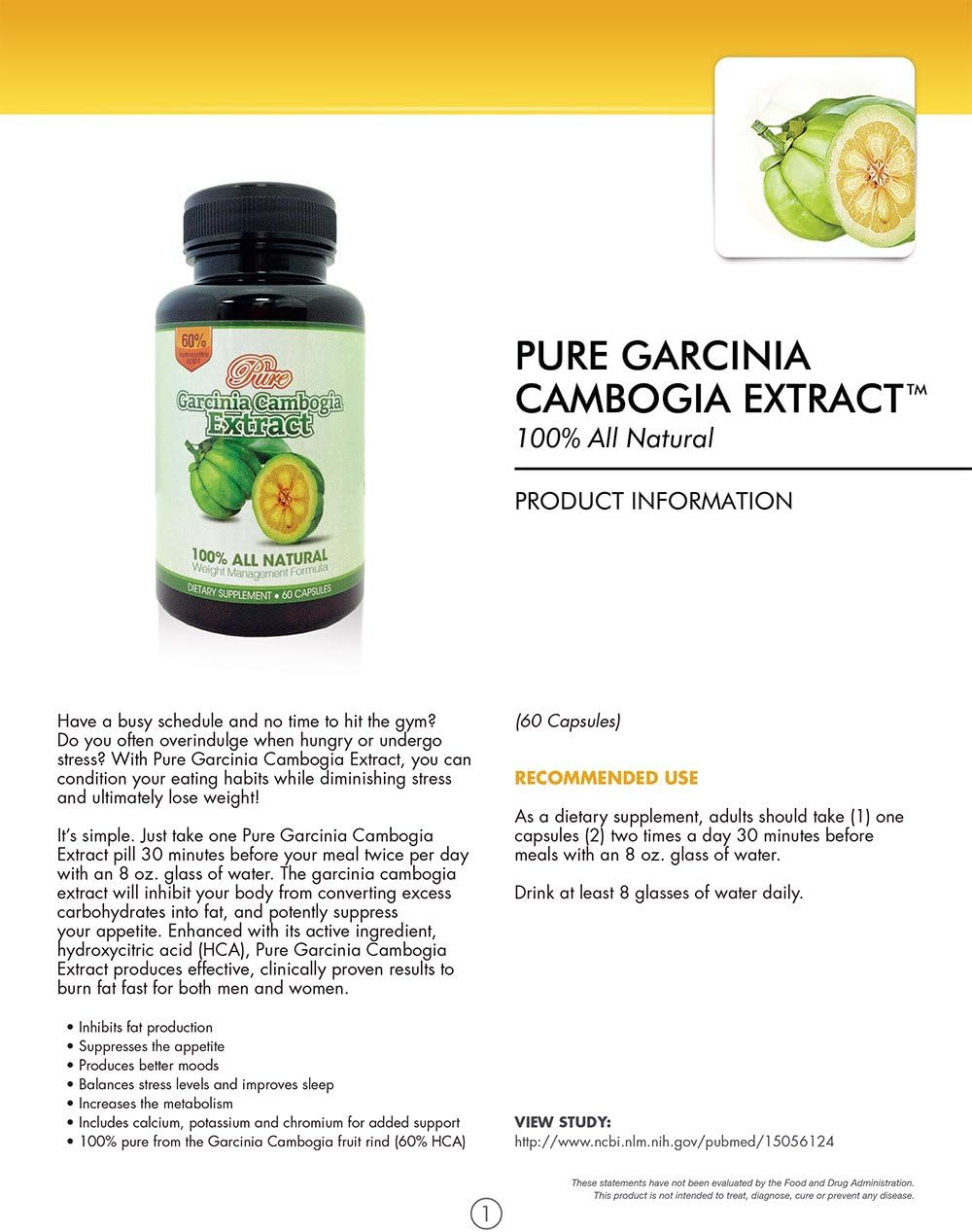 Pure Garcinia Cambogia Extract | 60% HCA - 1 Bottle