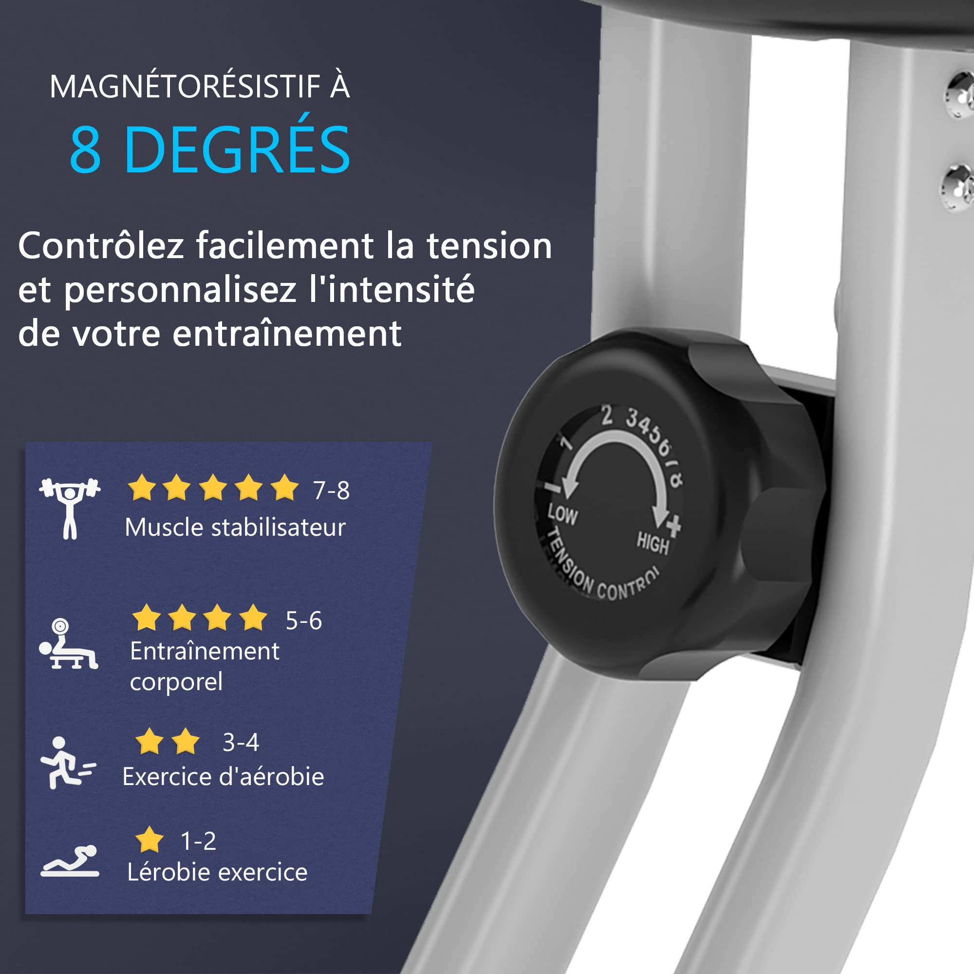 HOMCOM Vélo d'Appartement Magnétique Pliable avec 8 Niveaux de Résistance, Capteur de Pouls - Home Trainer Silencieux