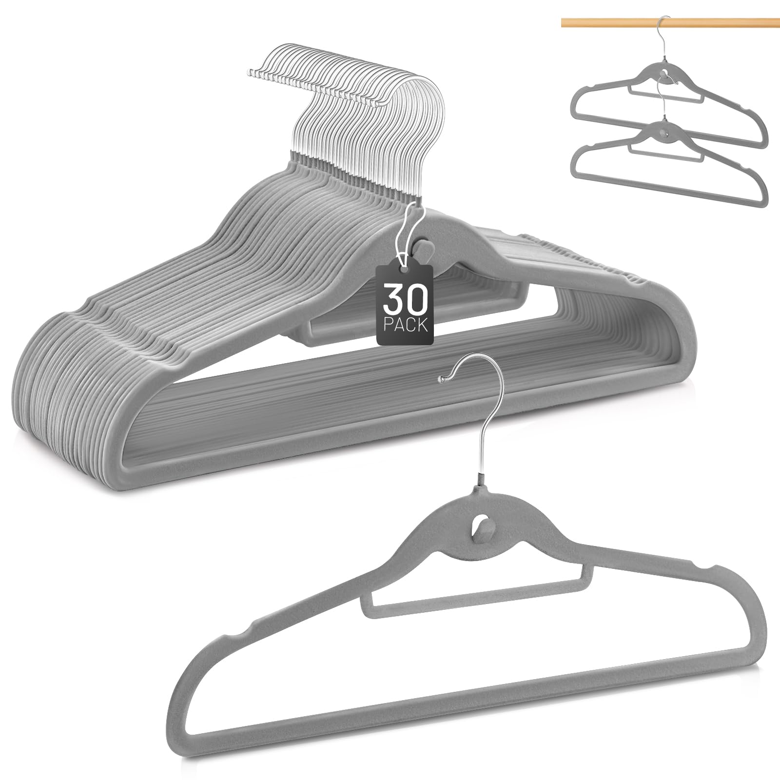 Velvet Hangers 30 Pack, STOPKLAS Grey Clothes Hangers Non Slip Felt Hanger with 360° Swivel Hook, Thin Hangers Space Saving, Heavy Duty Closet Hanger for Clothes, Coats, Suits, Dress, Pants
