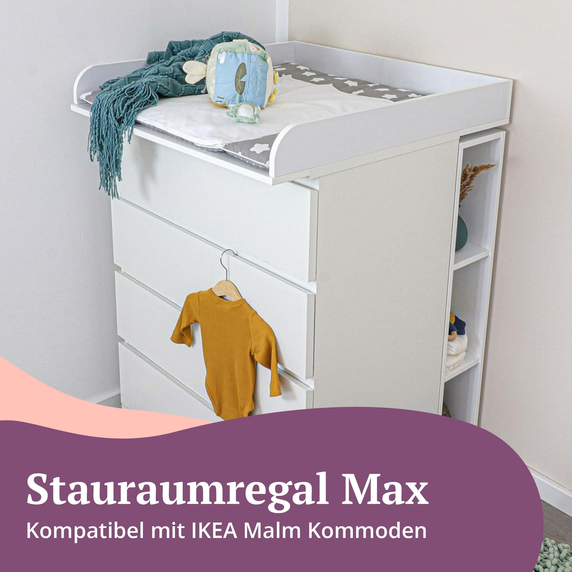 Puckdaddy® Stauraumregal Max, für Malm Kommode, Weiß, Kinderzimmer | Für IKEA Malm Kommode, MDF, Weiß, Fächerregal, Stauraumregal, Maße 19×30×98 cm