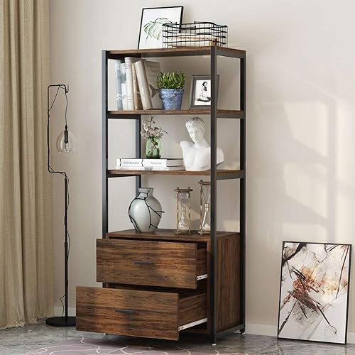 Miniatura 6 de Tribesigns Bookcase, 4-Tier Rustic Bookshelf with 2 Drawers, Etagere Standard Book Shelves Display Shelf for Home Office