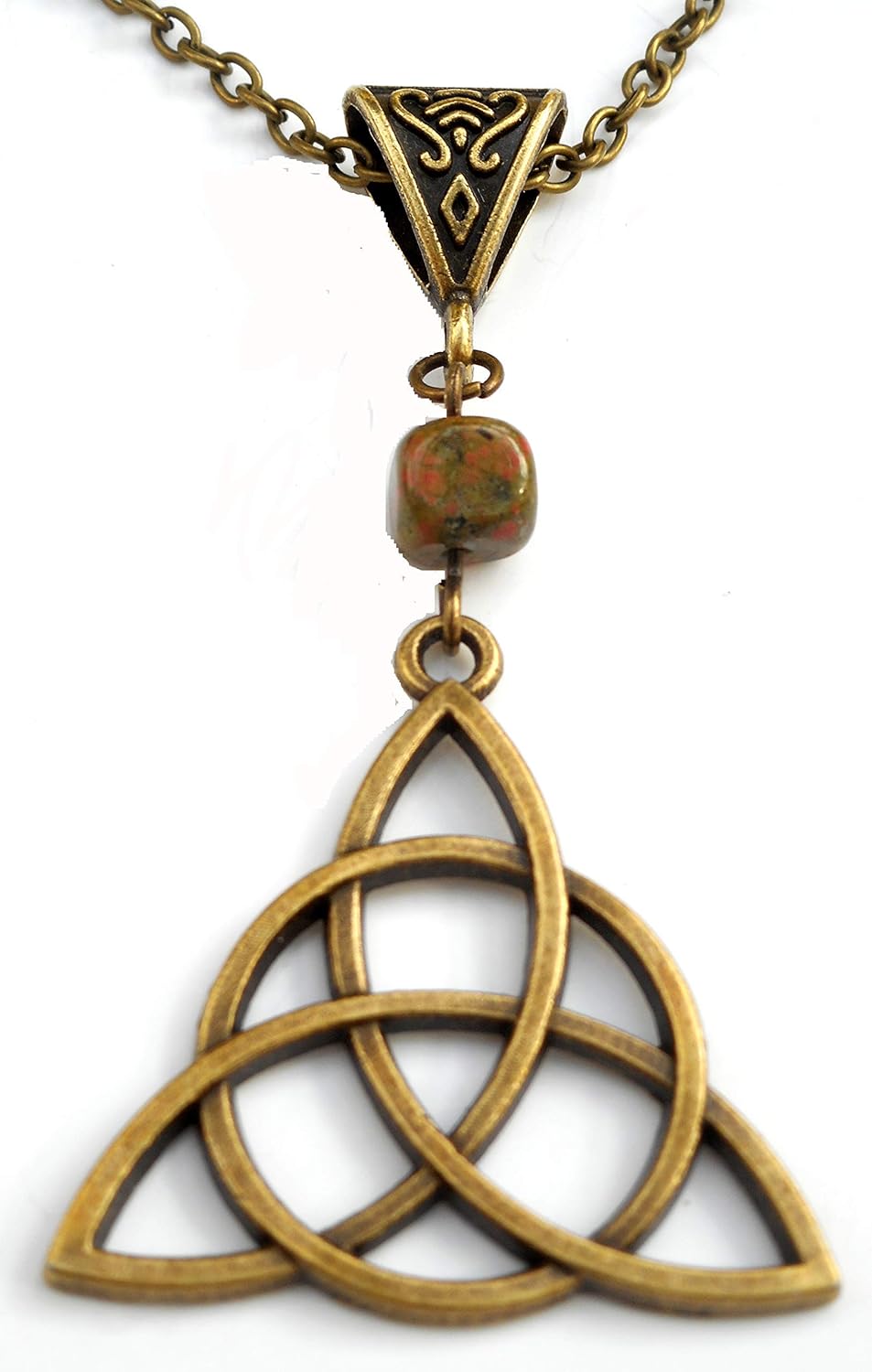 Antique Brass Tone Triquetra Trinity Knot Charm with Unakite Bead Pendant Necklace, Celtic Jewelry Gift