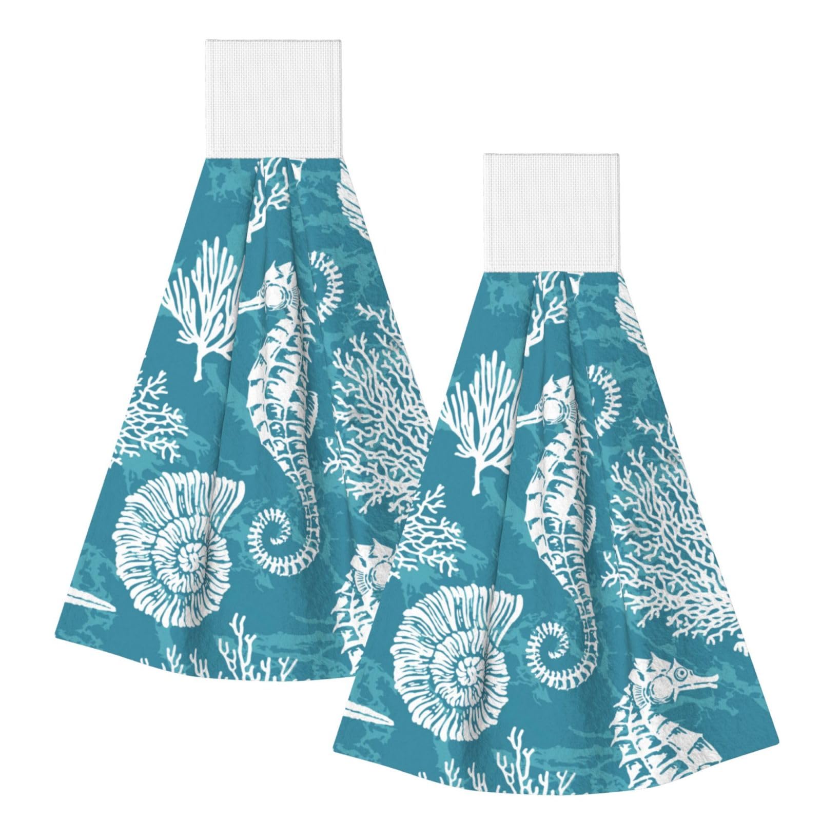 DOPKLNA Sea Shells Seahorse Coral, 2 Pcs Hanging Coral Fiber Hand Towels for Bathroom, Absorbent Kitchen Towels