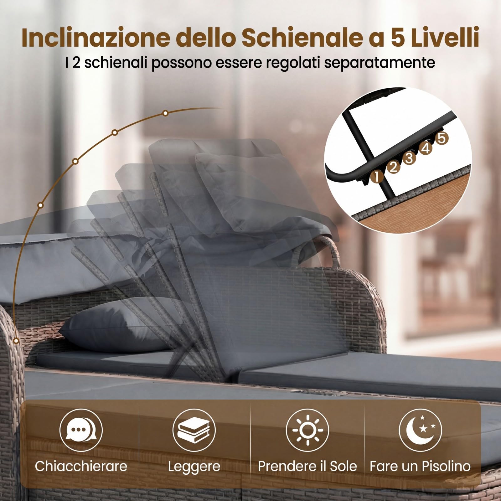 COSTWAY Letto Prendisole Matrimoniale per 2 Persone, Lettino da Giardino in Rattan con Tetto Retrattile e Schienali Regolabili, Isola Prendisole con Tavolino e Portabicchieri per Relax (Grigio)