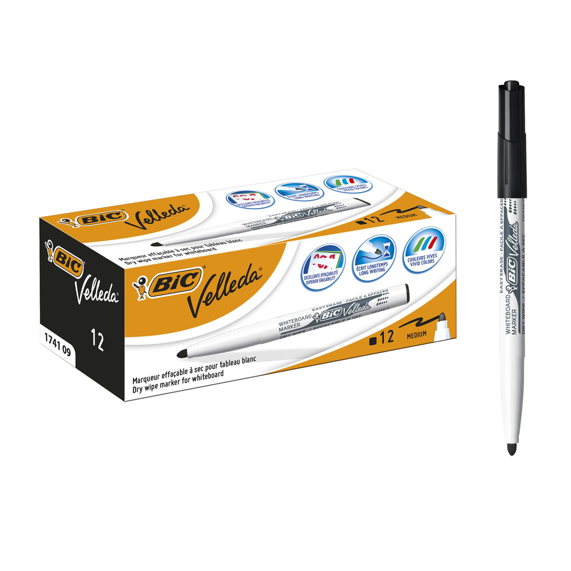 BIC Velleda 1741 Medium Tip Chalkboard Markers for Whiteboards, Optimal for School and Office, Black, Box of 12 Units